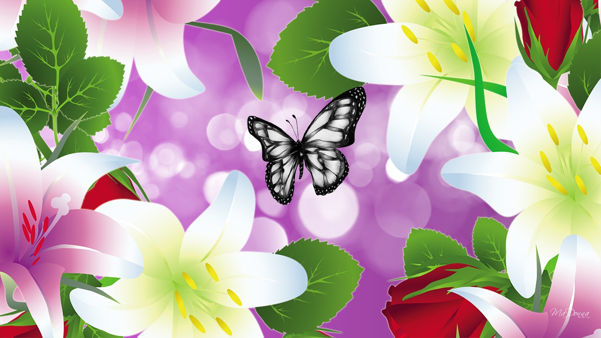 Скачать обои бесплатно Цветок, Бабочка, Лилия, Художественные, Флауэрсы картинка на рабочий стол ПК