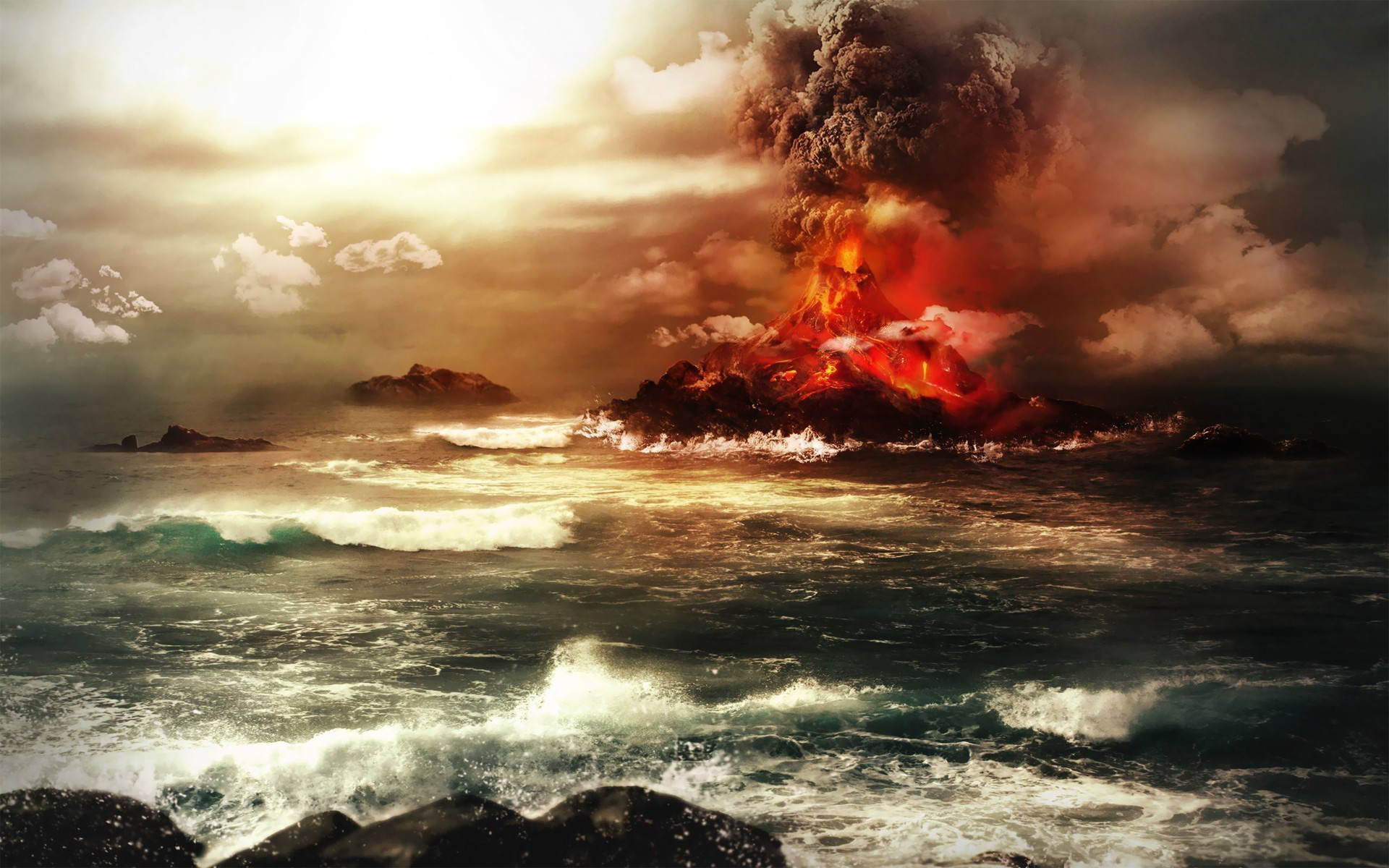 Скачать картинку Вулкан, Вулканы, Дым, Взрыв, Ландшафт, Вода, Океан, Земля/природа, Облака в телефон бесплатно.