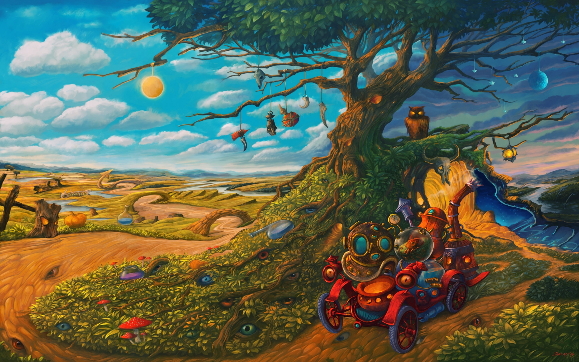 Download mobile wallpaper Cartoon, Landscape, Fantasy, Owl, Bird, Colors, Child for free.