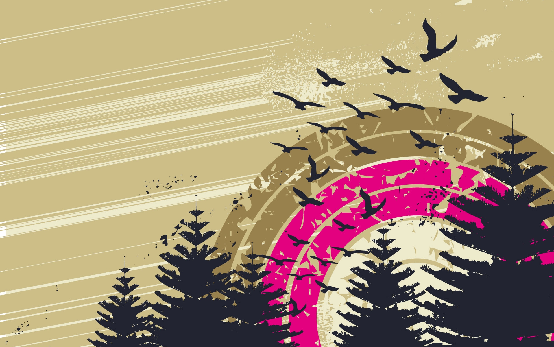 Download mobile wallpaper Sky, Trees, Circles, Birds, Vector for free.