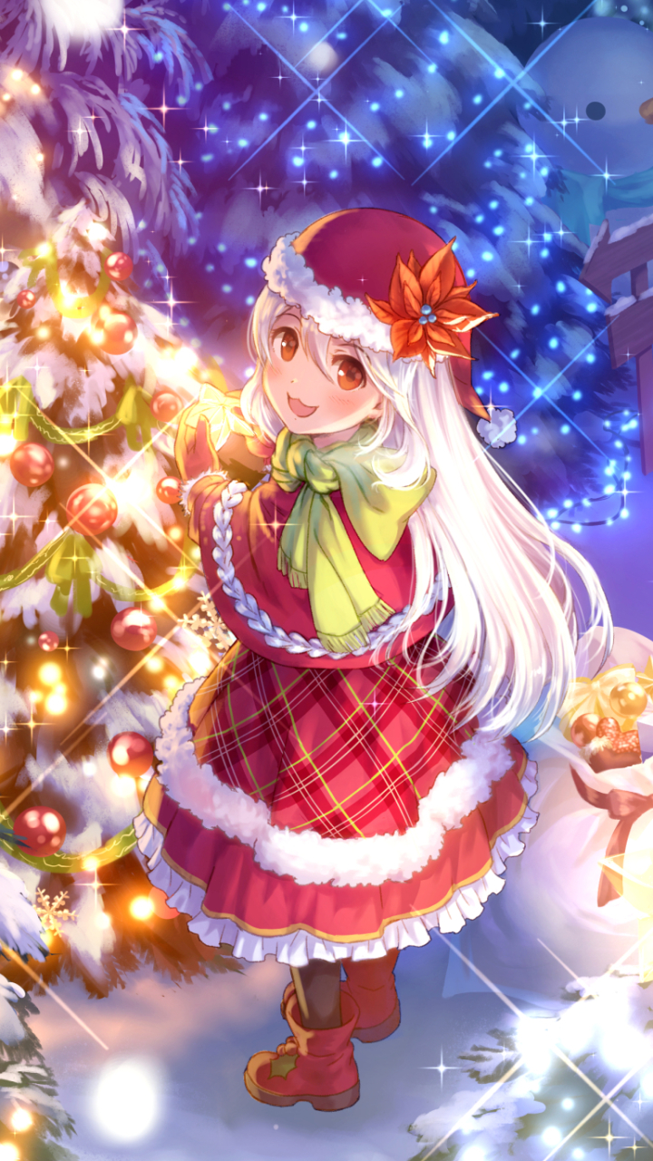 Download mobile wallpaper Anime, Night, Christmas, Smile, Long Hair, White Hair, Christmas Lights, Santa Hat, Orange Eyes for free.