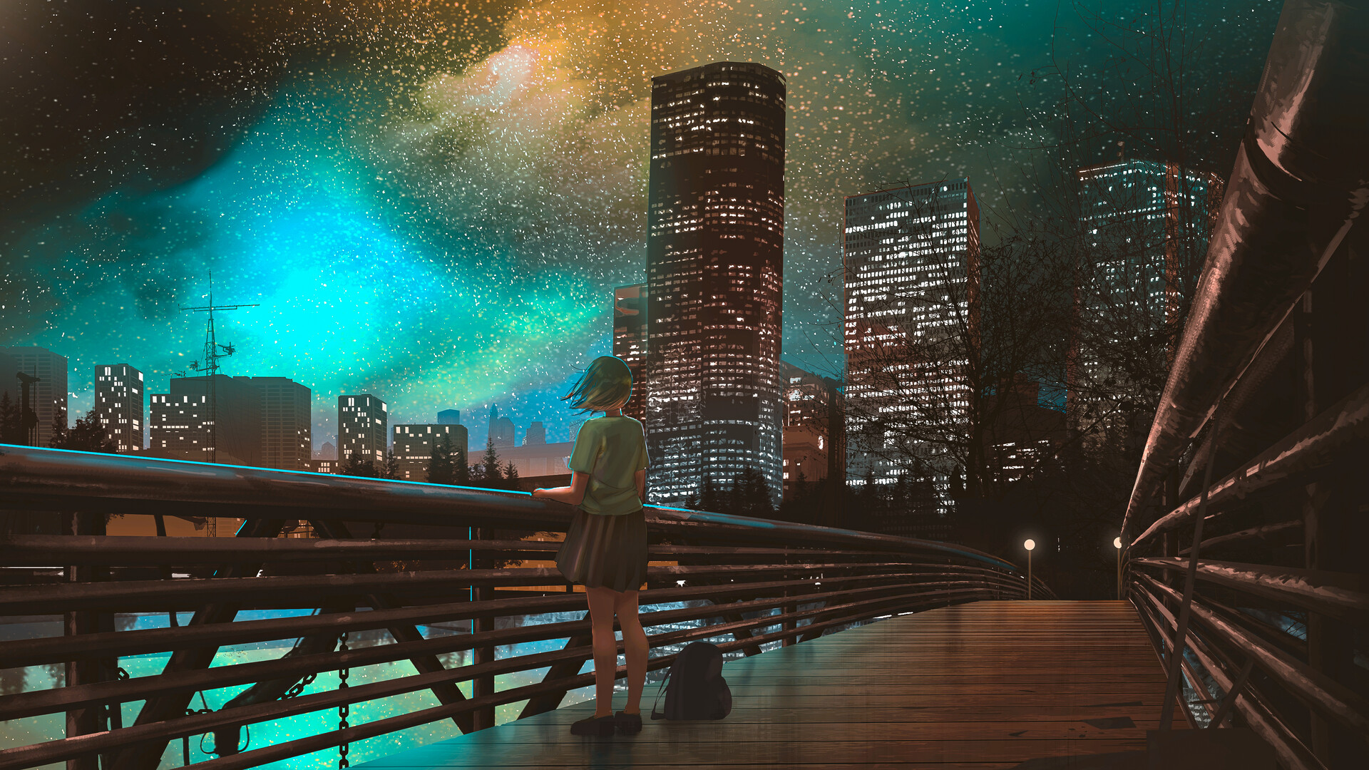 Free download wallpaper Anime, Night, City, Girl on your PC desktop