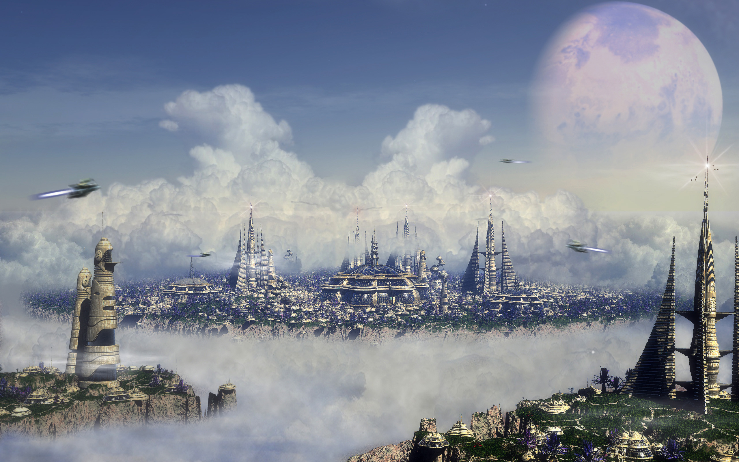 160052 завантажити картинку наукова фантастика, місто, хмара, планета, корабель - шпалери і заставки безкоштовно