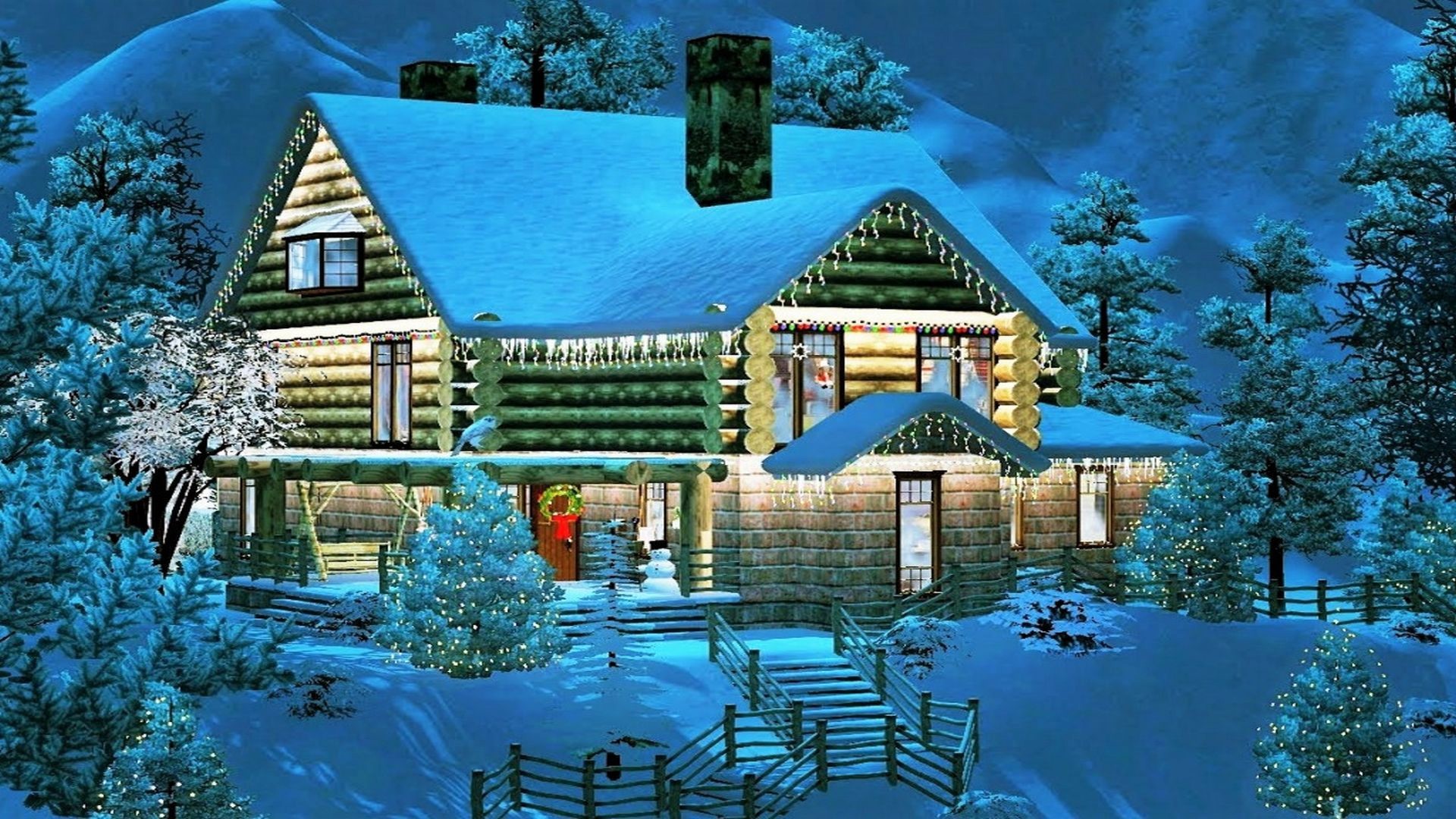 cabin, winter, house, holiday, christmas, decoration, light, snow, tree