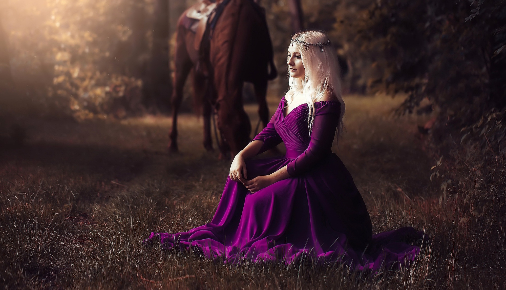 Download mobile wallpaper Horse, Blonde, Model, Women, Purple Dress, Depth Of Field for free.