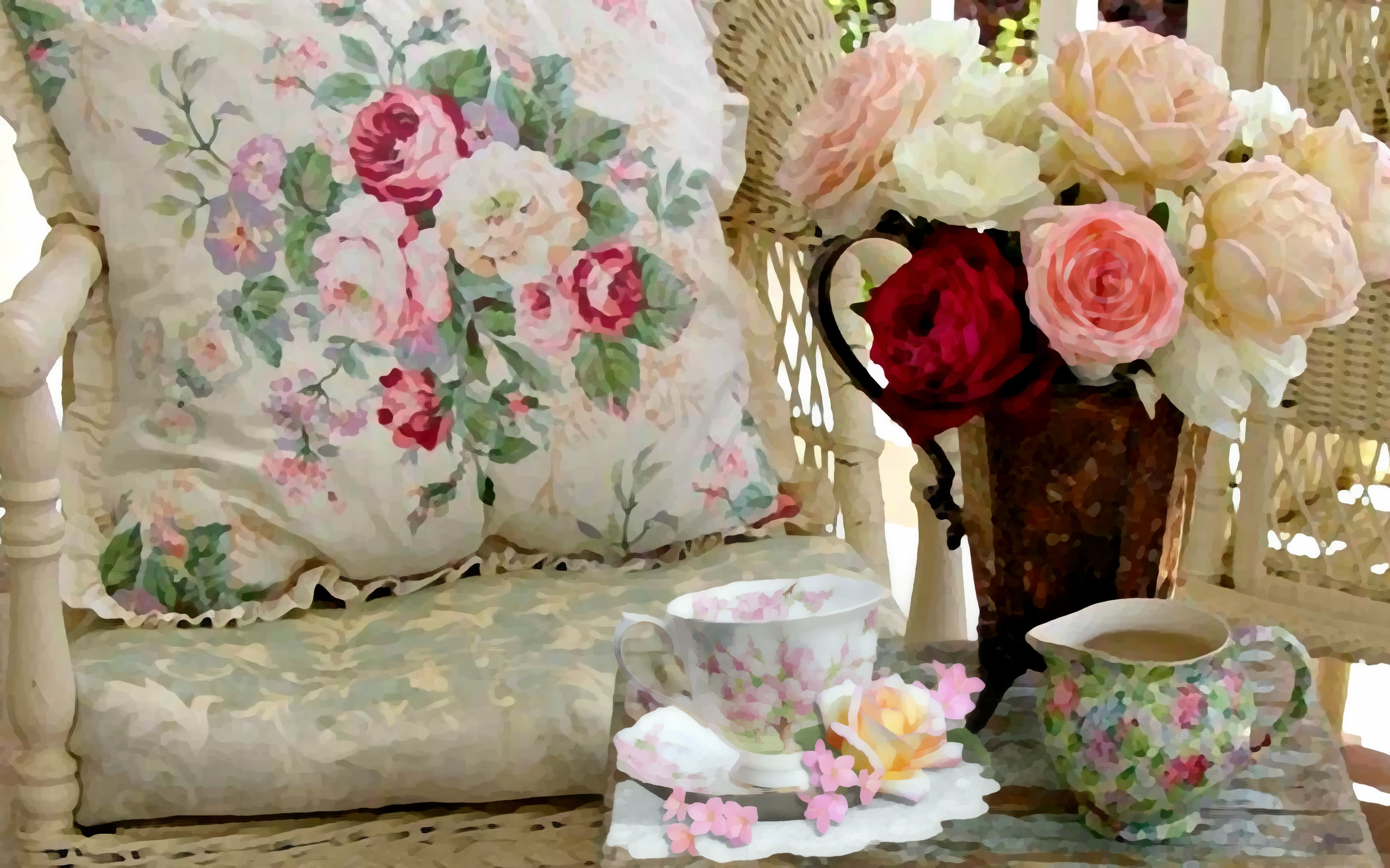 Laden Sie das Stuhl, Rose, Tasse, Vase, Malerei, Weiße Blume, Künstlerisch, Pinke Blume, Stillleben, Kopfkissen-Bild kostenlos auf Ihren PC-Desktop herunter