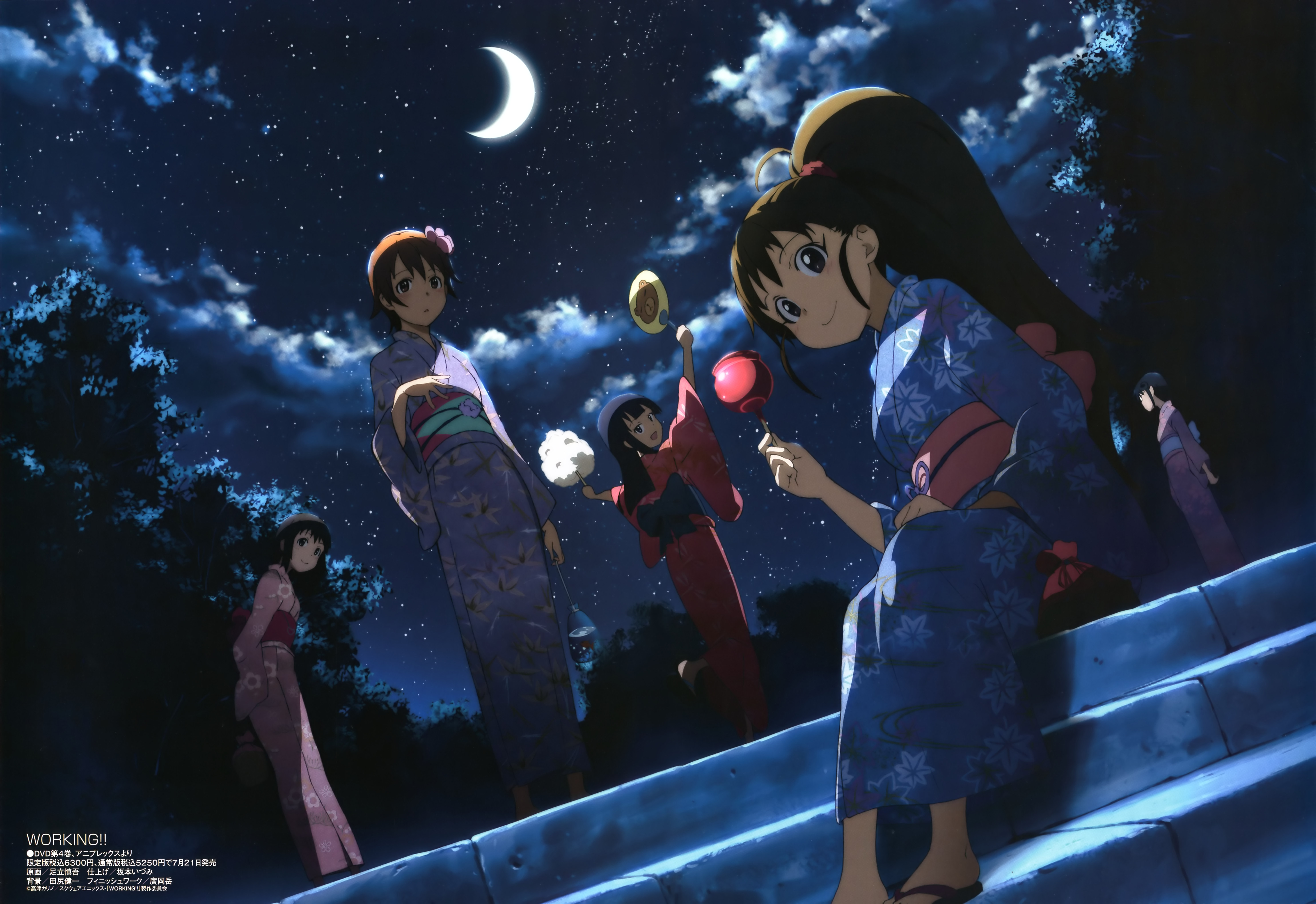 anime, working!!, aoi yamada, mahiru inami, moon, nazuna takanashi, popura taneshima, starry sky, yukata