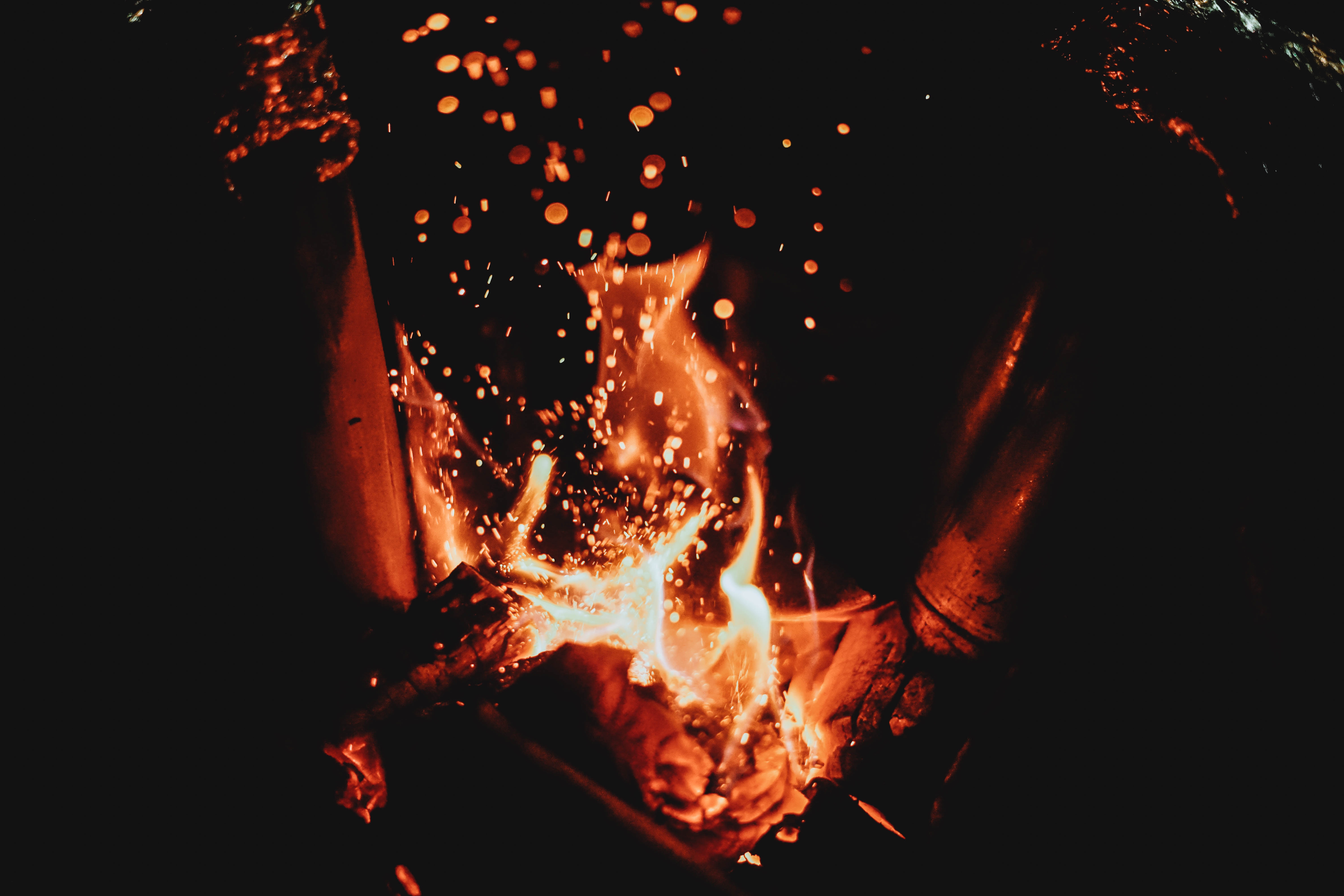 fire, sparks, flame, bonfire, dark UHD