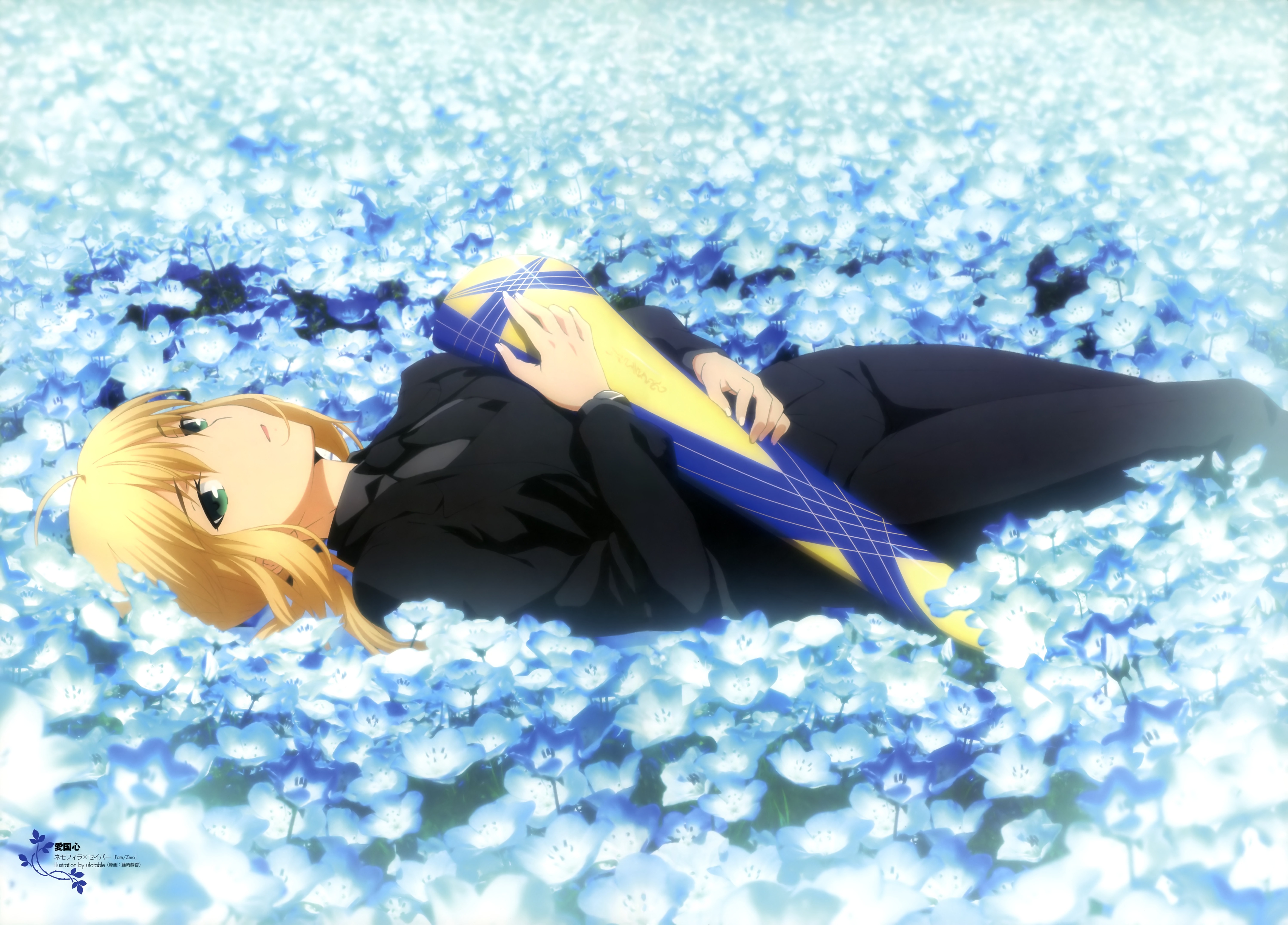 Free download wallpaper Anime, Flower, Blonde, Green Eyes, Saber (Fate Series), Lying Down, Fate/zero, Fate Series on your PC desktop