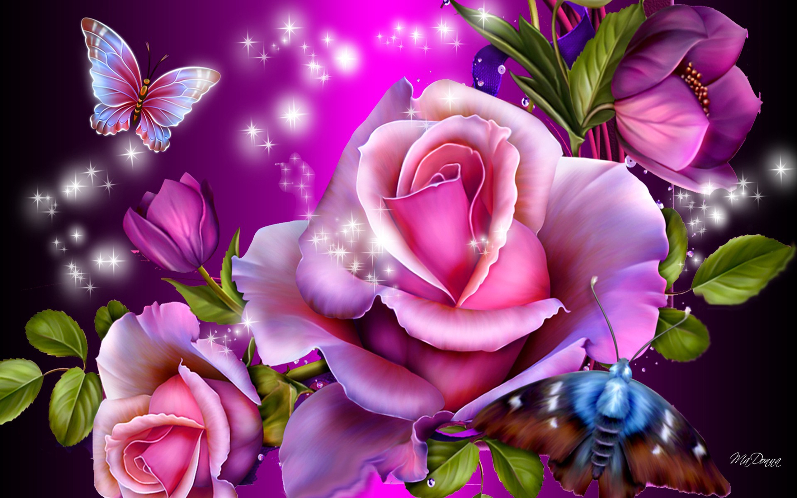 Скачать обои бесплатно Цветок, Роза, Цвета, Бабочка, Листва, Художественные, Розовый Цветок картинка на рабочий стол ПК