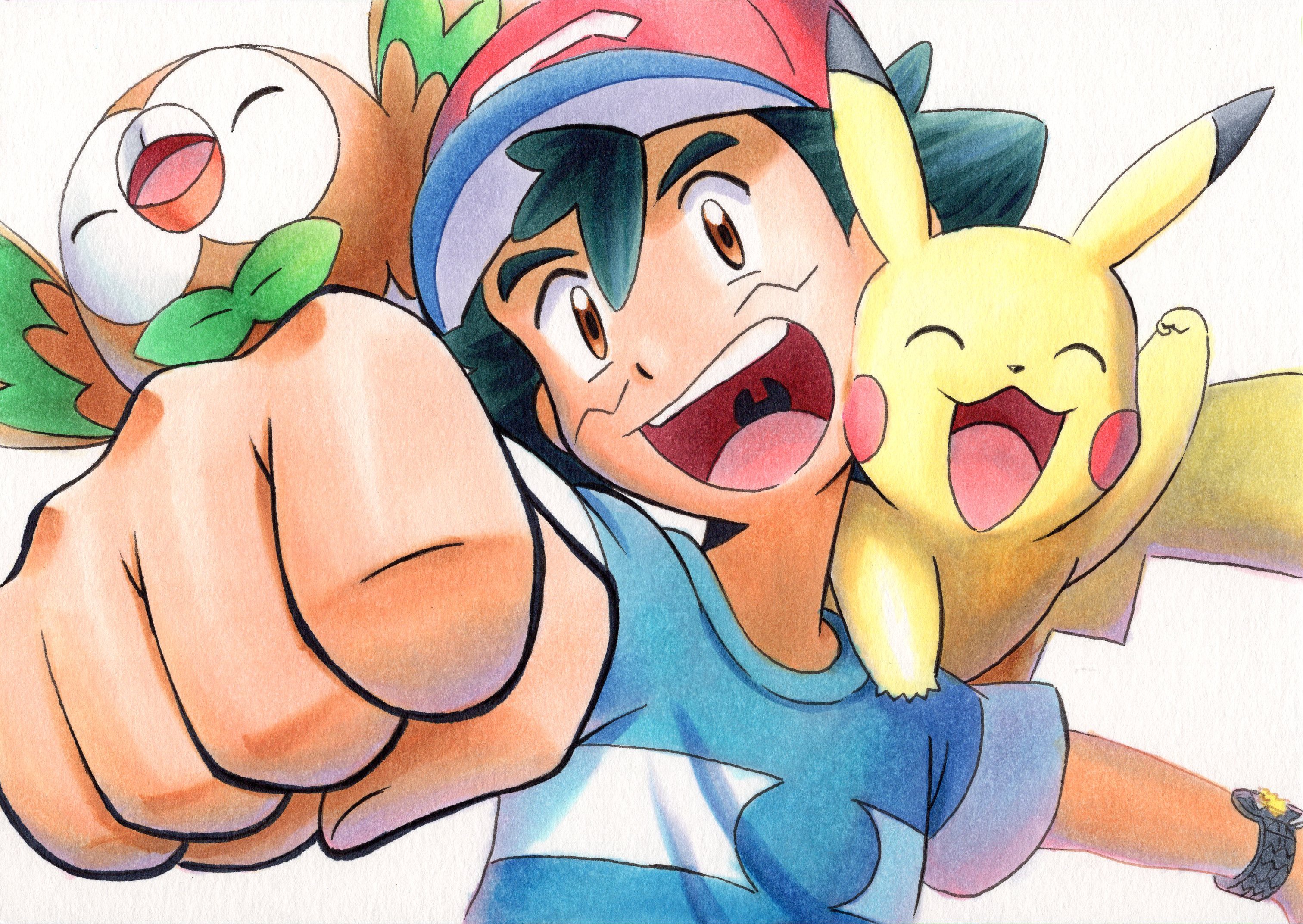 Download mobile wallpaper Anime, Pokémon, Pikachu, Ash Ketchum, Rowlet (Pokémon) for free.