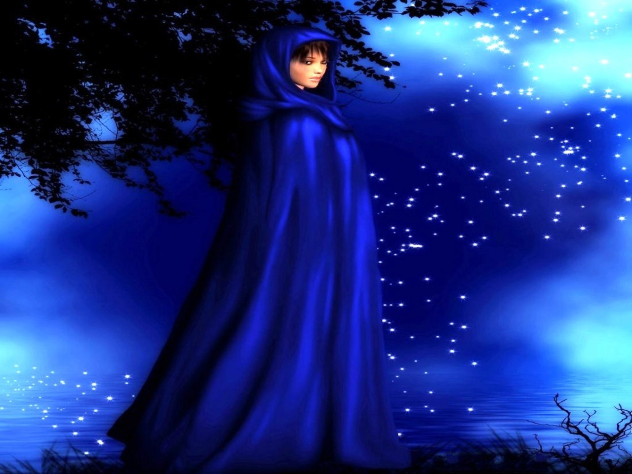 fantasy, women, blue, cloak HD wallpaper