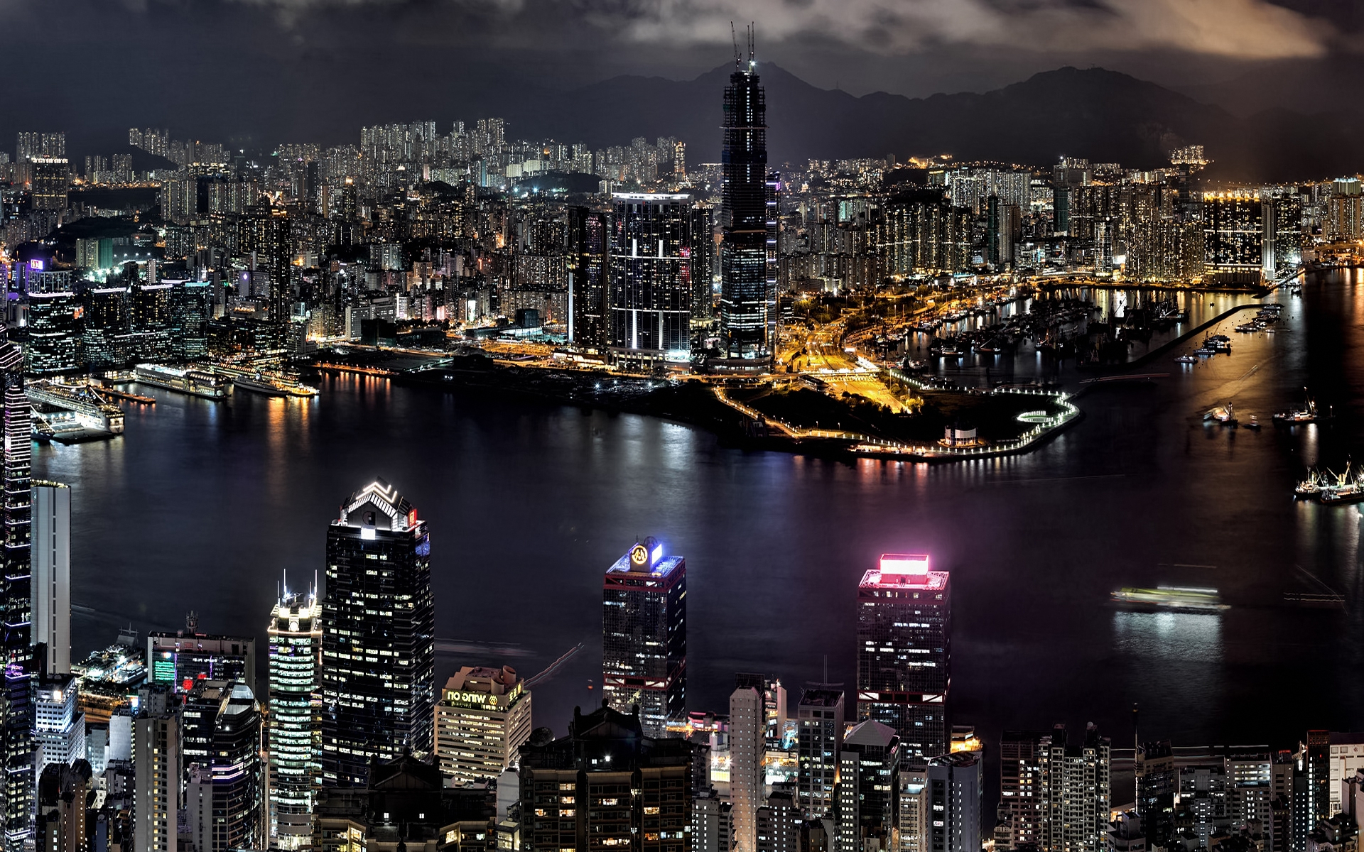 Скачать обои бесплатно Города, Ночь, Свет, Здание, Гонконг, Сделано Человеком картинка на рабочий стол ПК