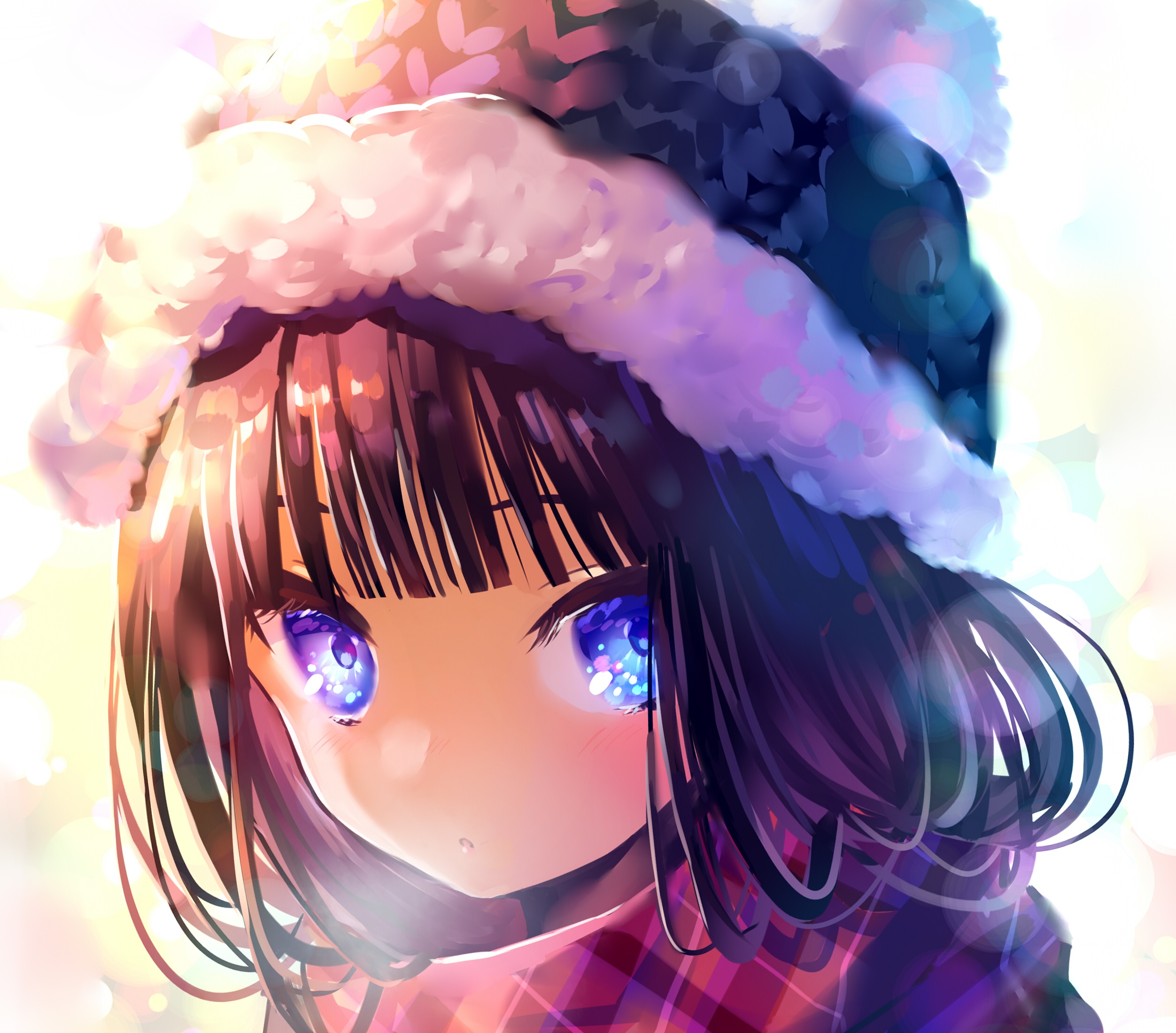 Download mobile wallpaper Anime, Hat, Scarf, Blue Eyes, Original, Long Hair, Brown Hair for free.