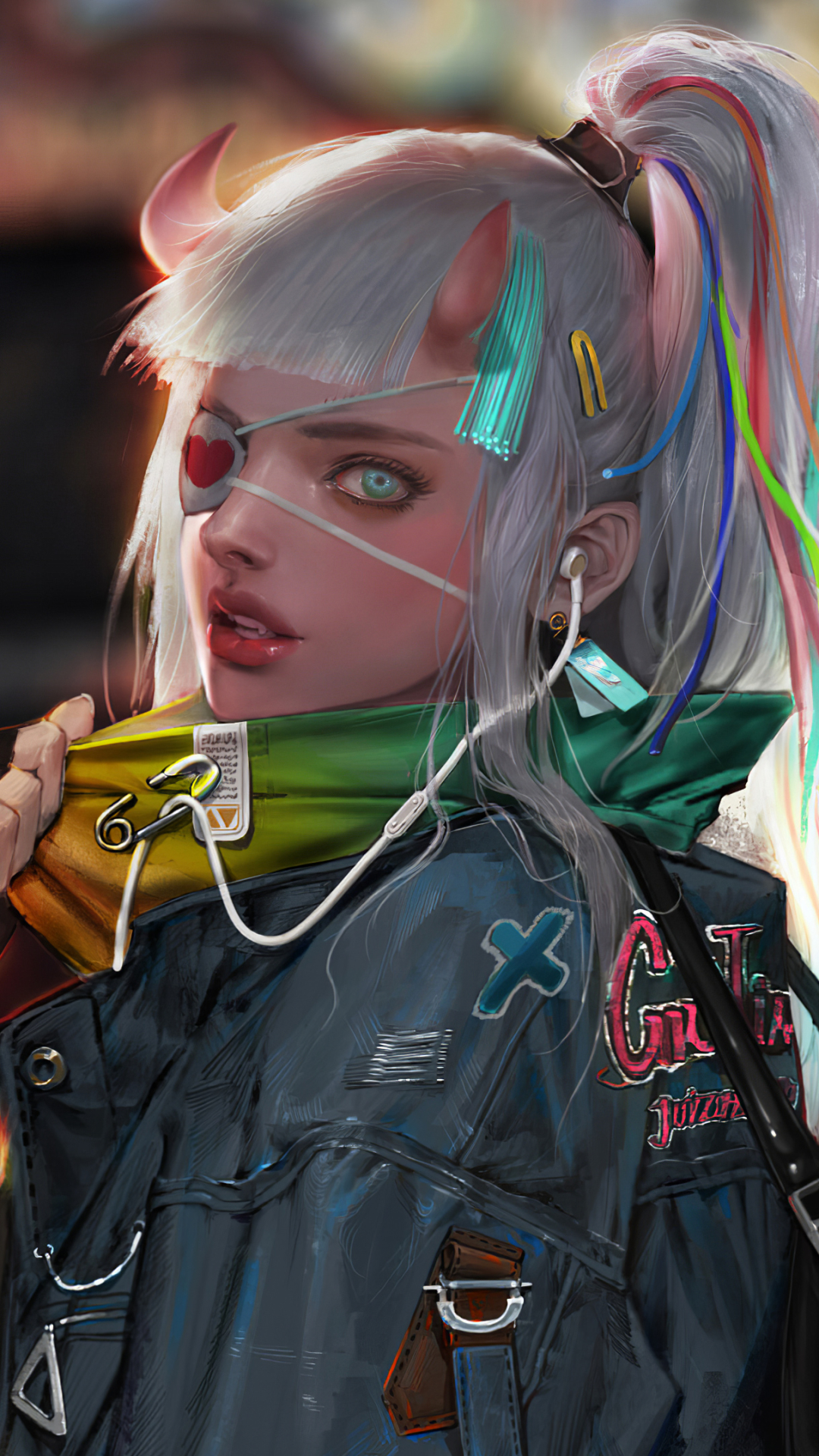 Download mobile wallpaper Cyberpunk, Sci Fi, White Hair, Woman Warrior, Eye Patch, Ponytail for free.