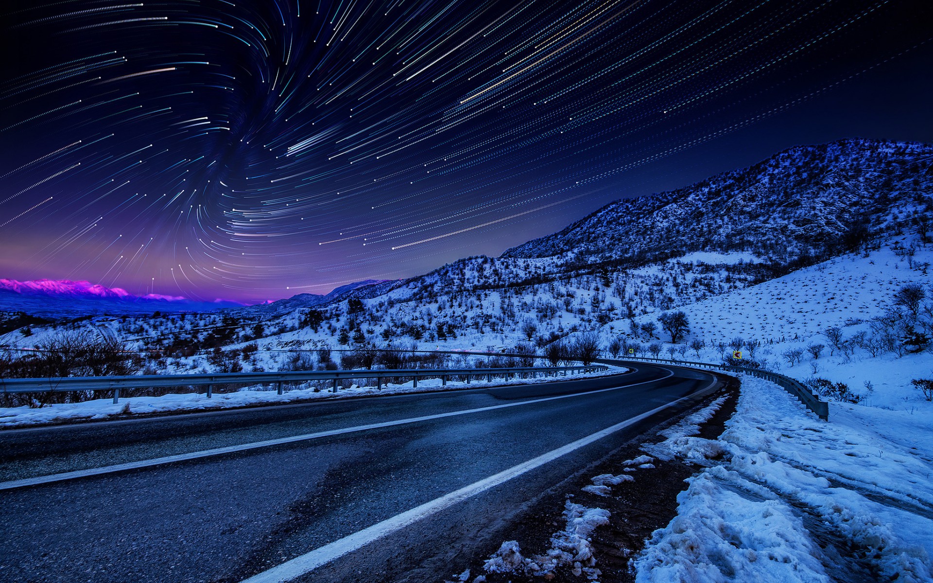 Laden Sie das Landschaft, Winter, Schnee, Straße, Nacht, Menschengemacht-Bild kostenlos auf Ihren PC-Desktop herunter