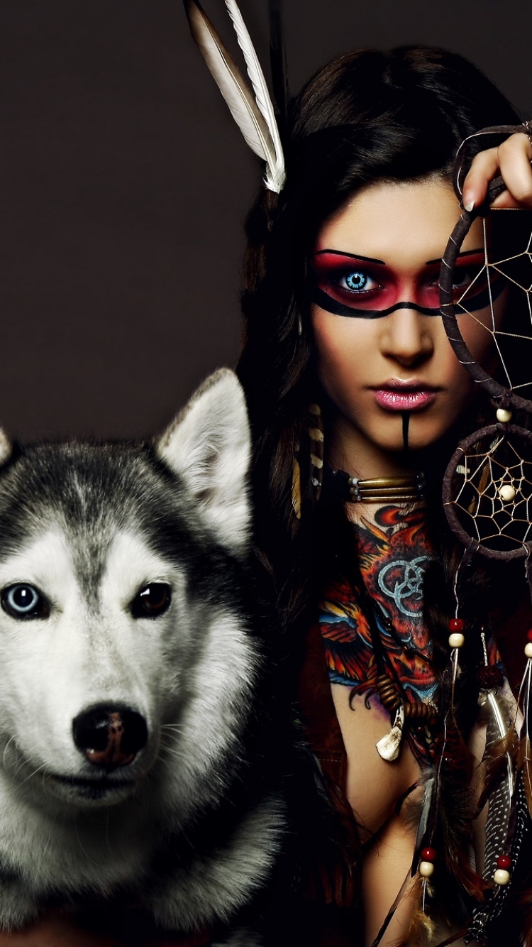 Download mobile wallpaper Dog, Husky, Women, Dreamcatcher, Native American for free.