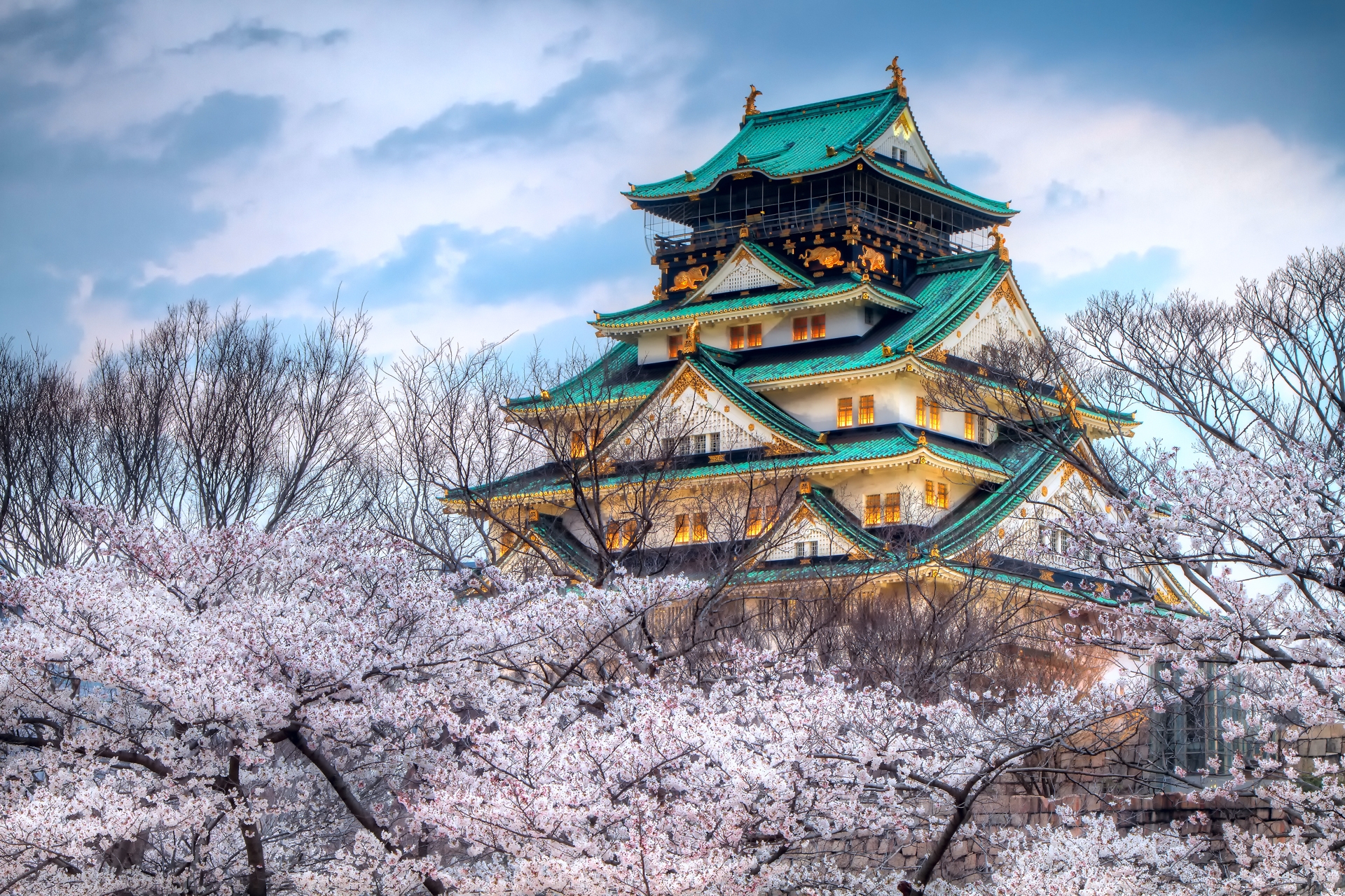 japan, city, spring, sakura, cities, sky, color, temple