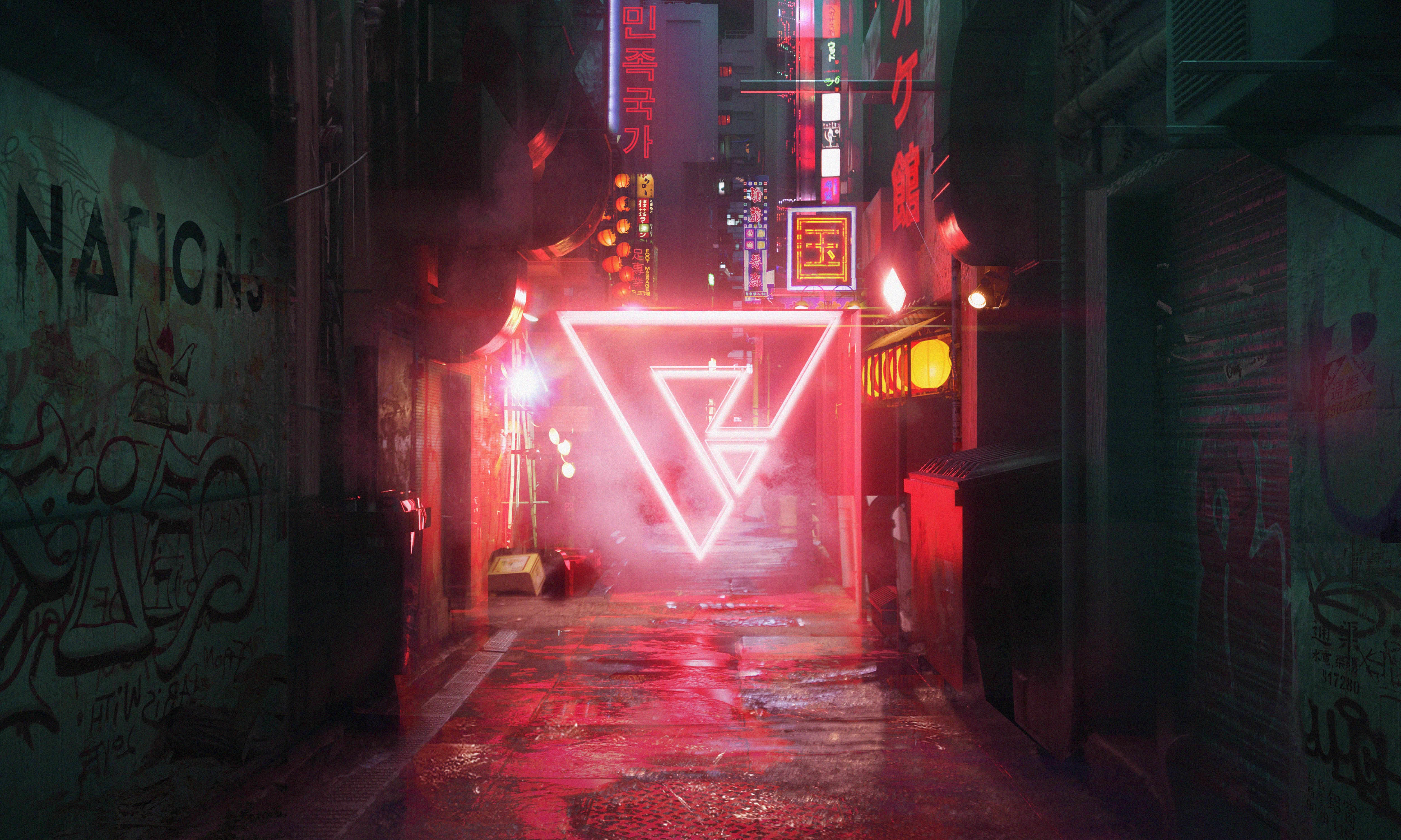 cyberpunk, art, neon, street, triangle