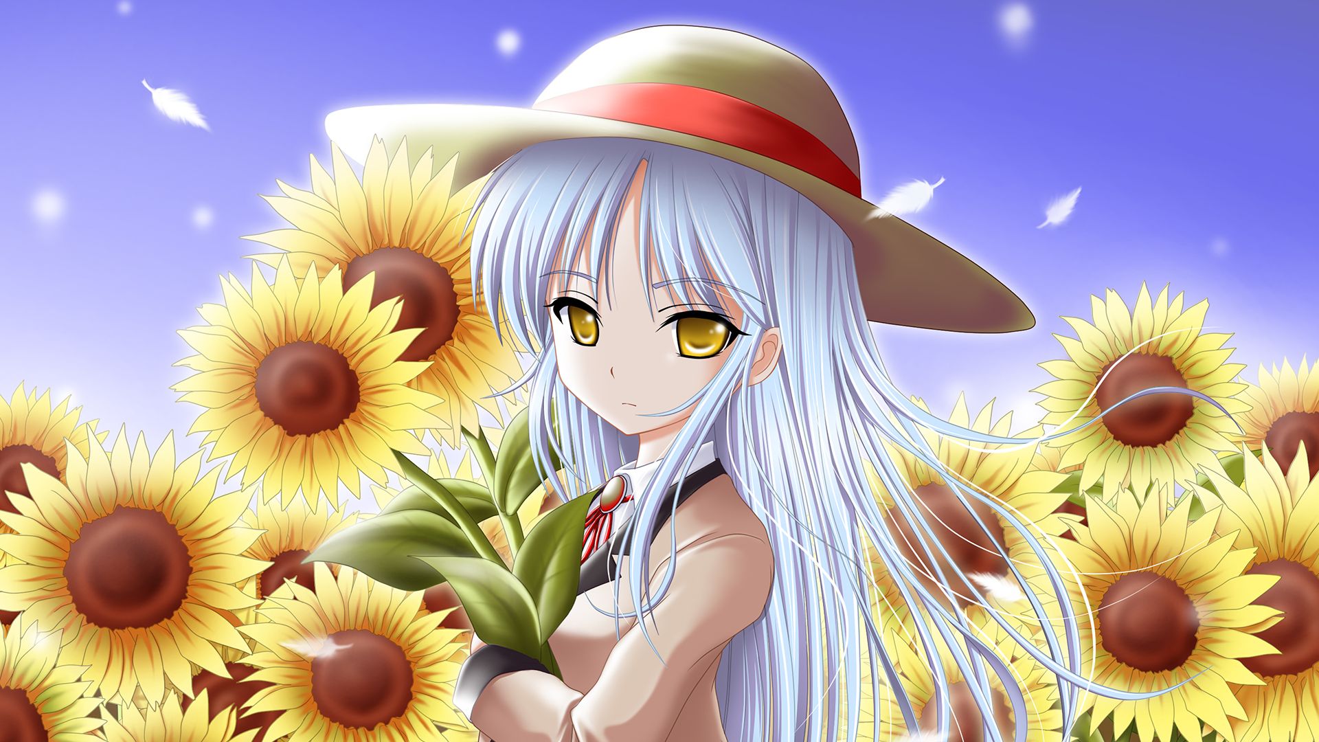 525626 Bild herunterladen animes, angel beats!, blaue haare, hut, kanade tachibana, sonnenblume, gelbe augen - Hintergrundbilder und Bildschirmschoner kostenlos