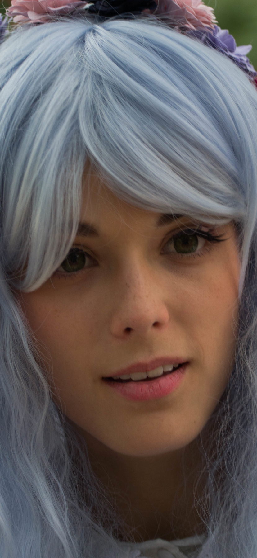 Download mobile wallpaper Bokeh, Face, Women, Blue Hair, Cosplay for free.