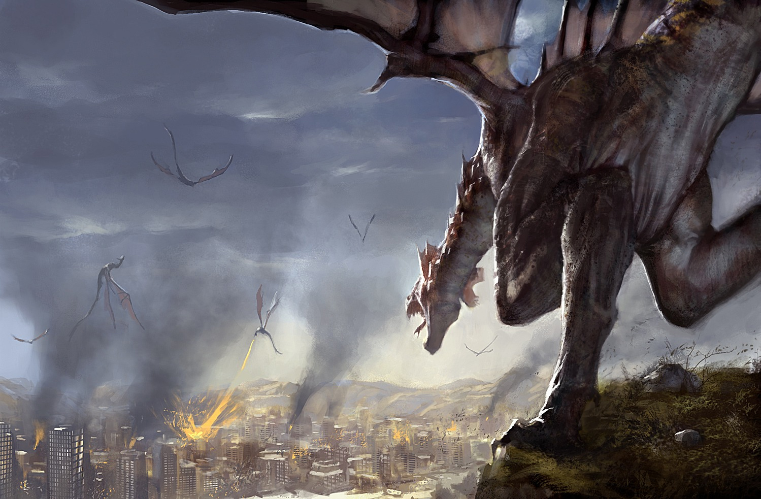 fantasy, dragon, city, destruction, rampage