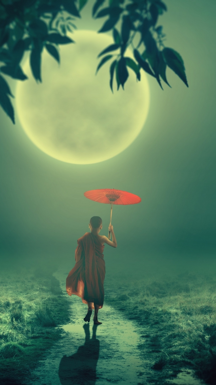 Download mobile wallpaper Fantasy, Umbrella, Full Moon, Child, Monk for free.