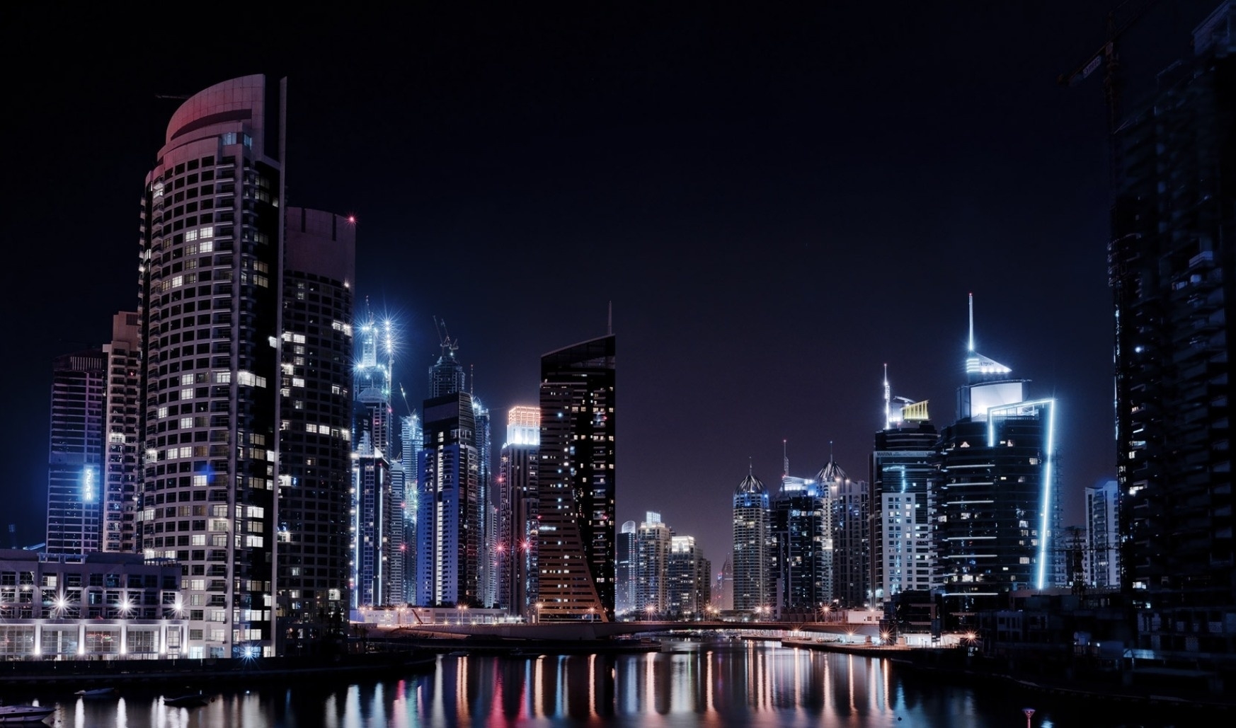 Free download wallpaper Rivers, Night, Lights, Cities, City, Dubai on your PC desktop