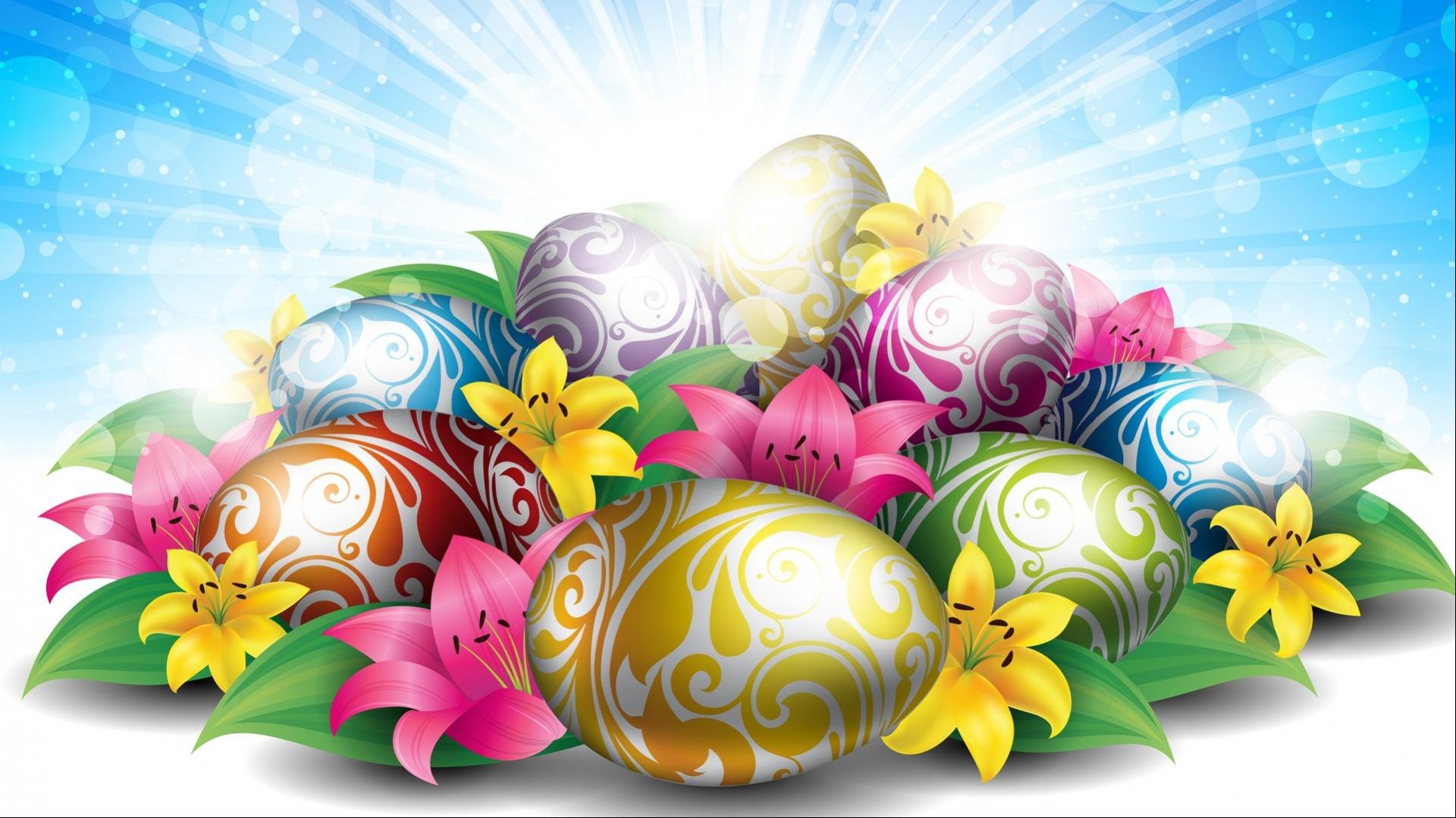 740982 завантажити картинку великдень, свято, барвистий, кольори, пасхальне яйце, яйце, листок, лілія - шпалери і заставки безкоштовно