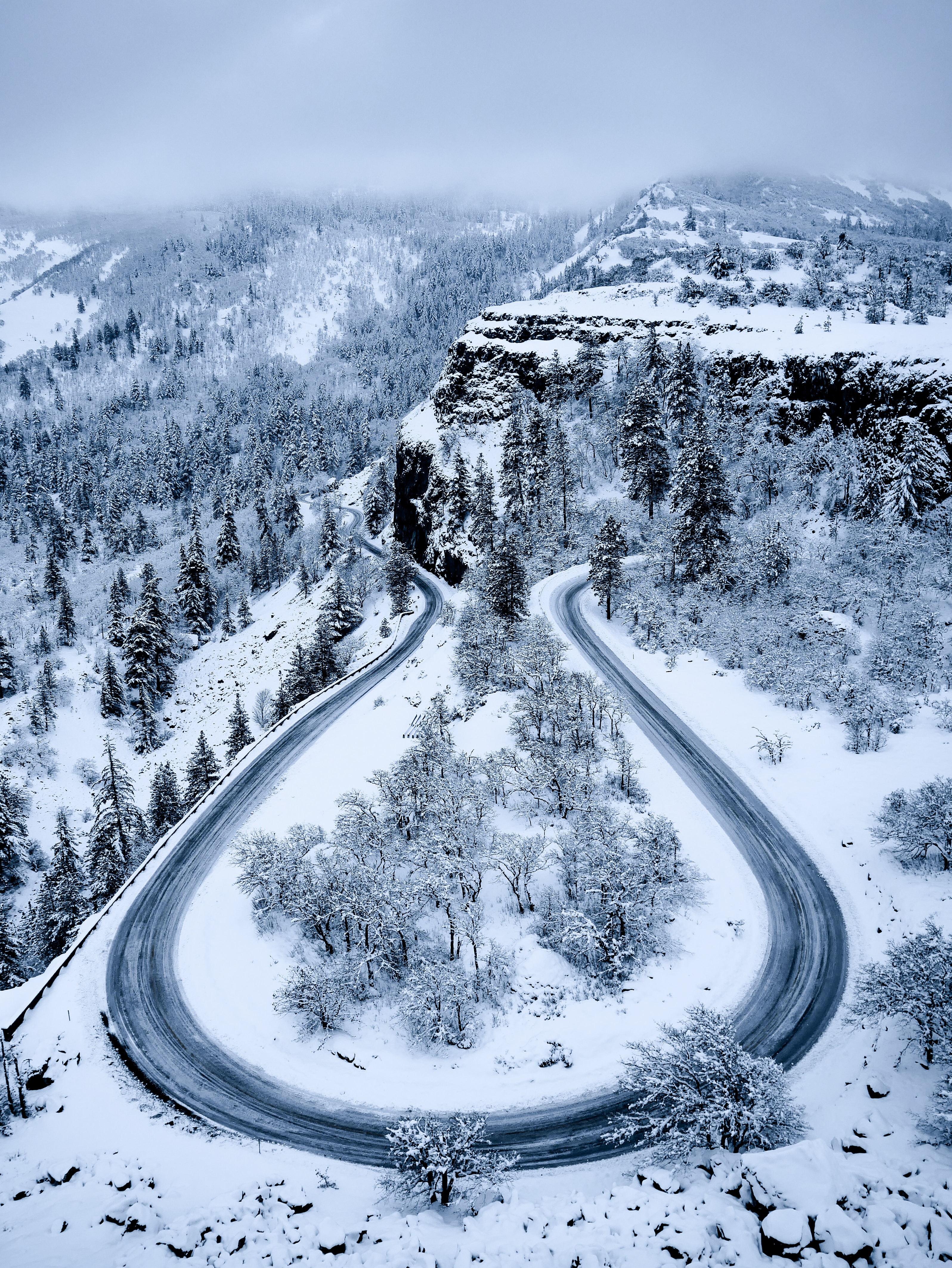 Download mobile wallpaper Snow, Road, Mountains, Nature, View From Above, Winter for free.