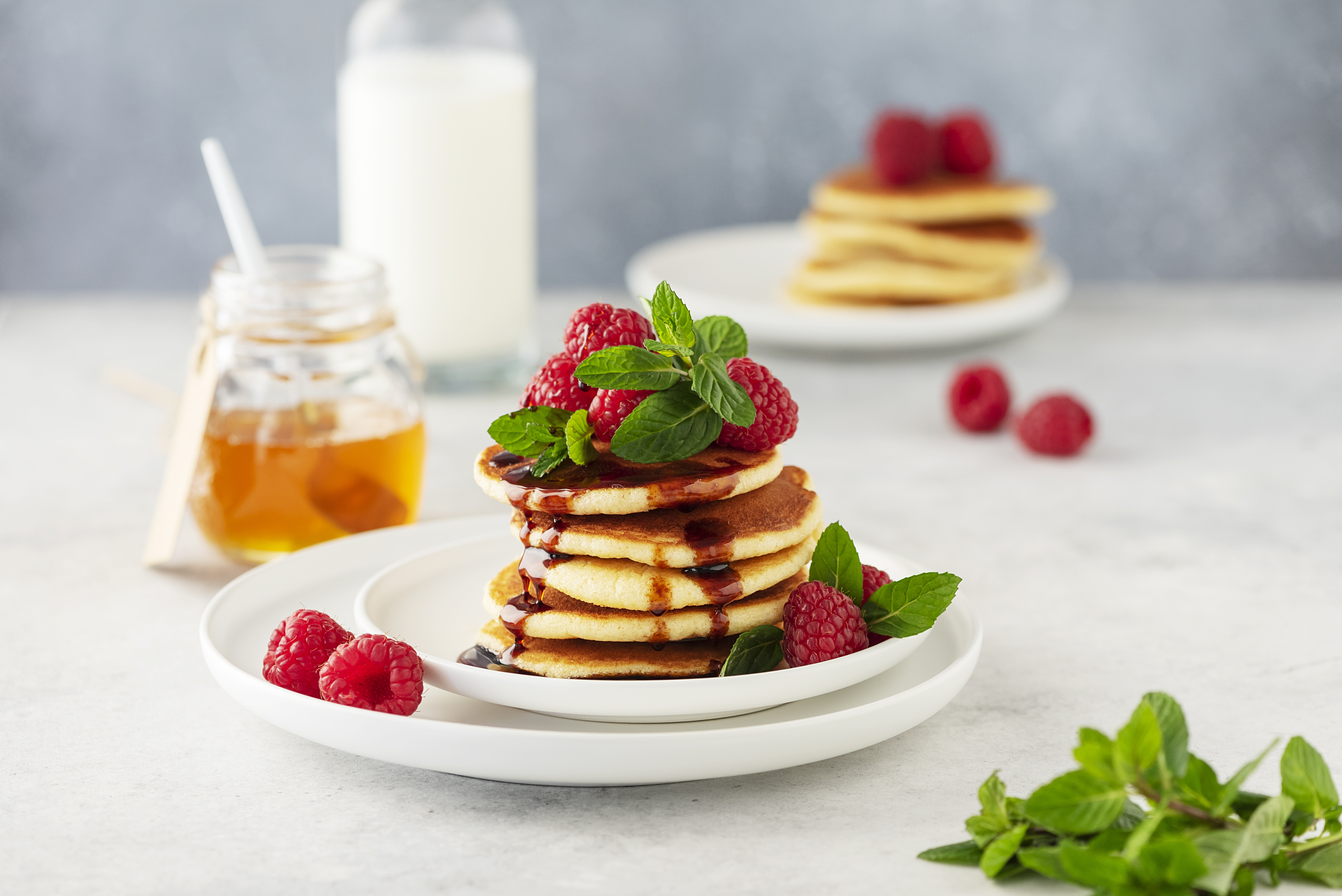 Download mobile wallpaper Raspberry, Still Life, Animal, Honey, Breakfast, Pancake for free.