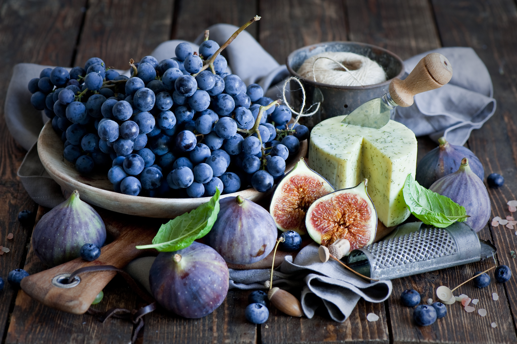 Download mobile wallpaper Food, Cheese, Grapes, Blueberry, Still Life, Fig for free.