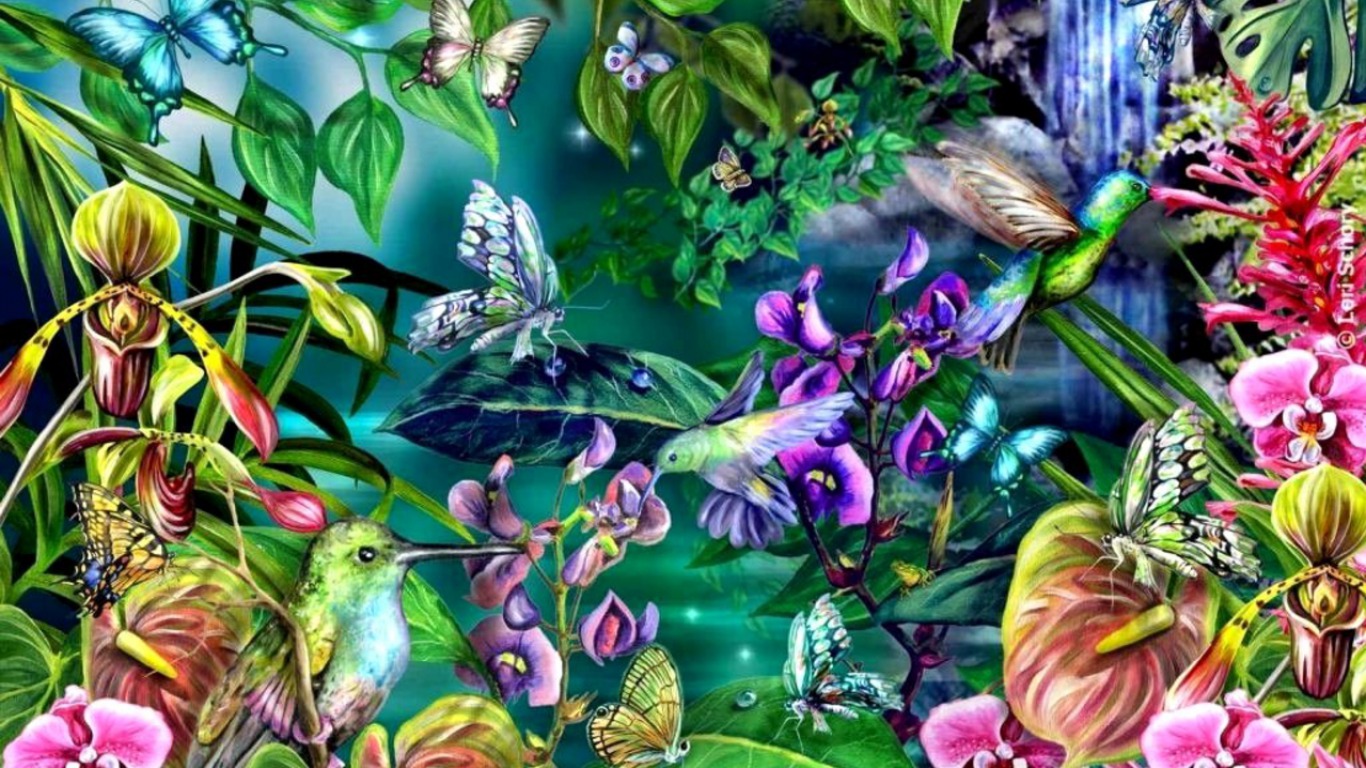 Laden Sie das Schmetterlinge, Blume, Vogel, Collage, Malerei, Frühling, Künstlerisch, Planze, Kolibri-Bild kostenlos auf Ihren PC-Desktop herunter