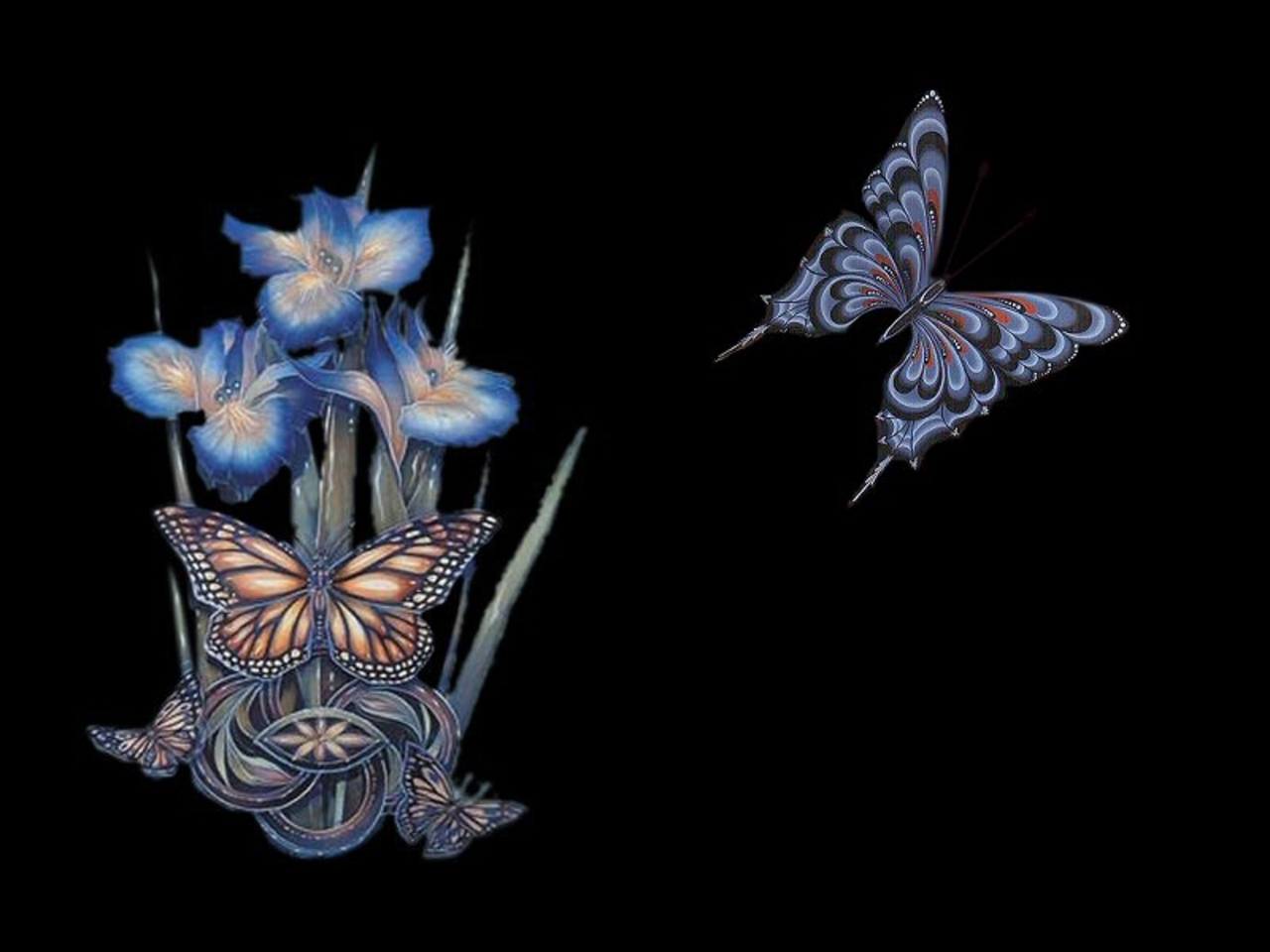 Скачать обои бесплатно Природа, Цветок, Бабочка, Орхидея, Художественные картинка на рабочий стол ПК