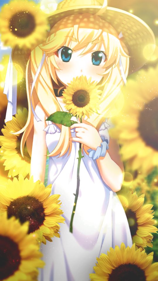Download mobile wallpaper Anime, Flower, Sunflower, Blue Eyes, Blush, Straw Hat, Grisaia No Kajitsu, Grisaia (Series), Michiru Matsushima for free.