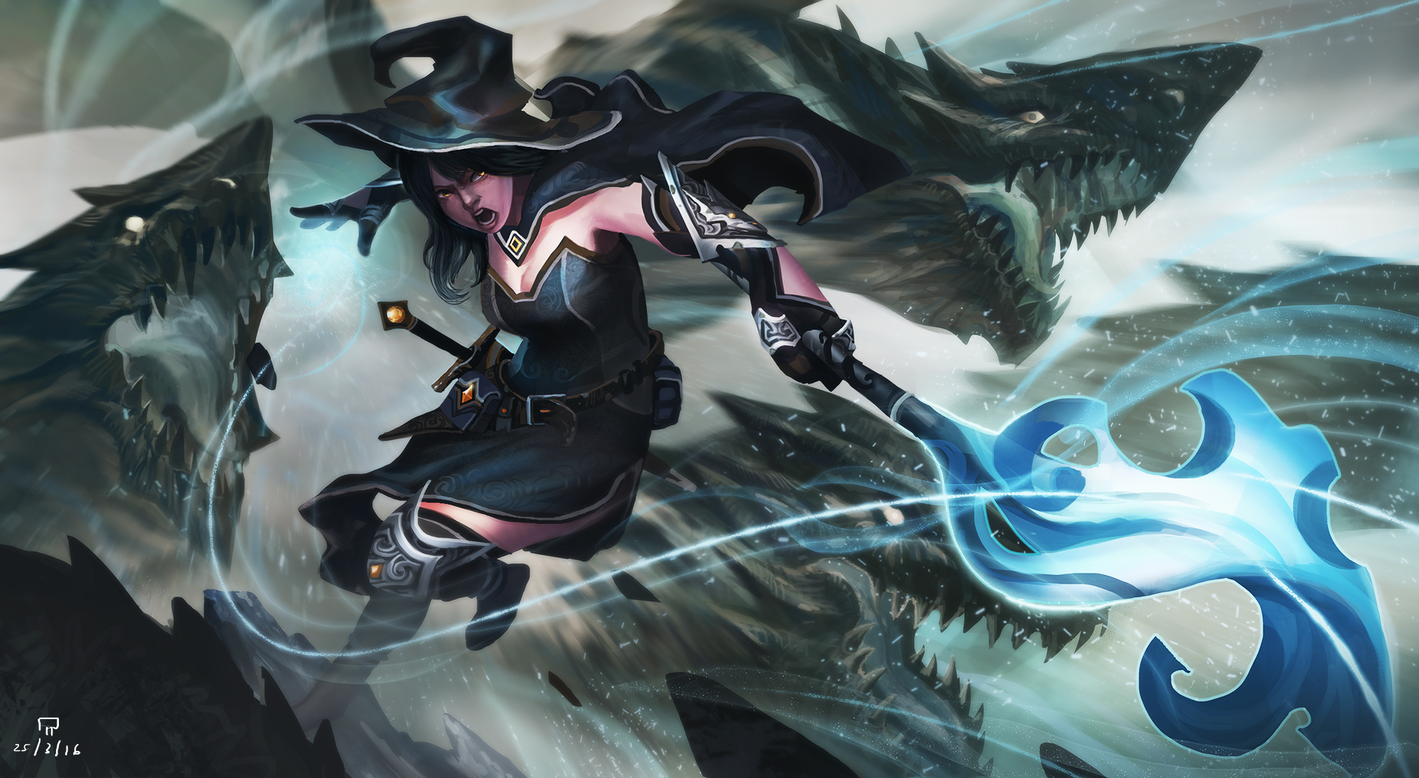 Free download wallpaper Fantasy, Dragon, Staff, Witch, Woman Warrior, Witch Hat on your PC desktop