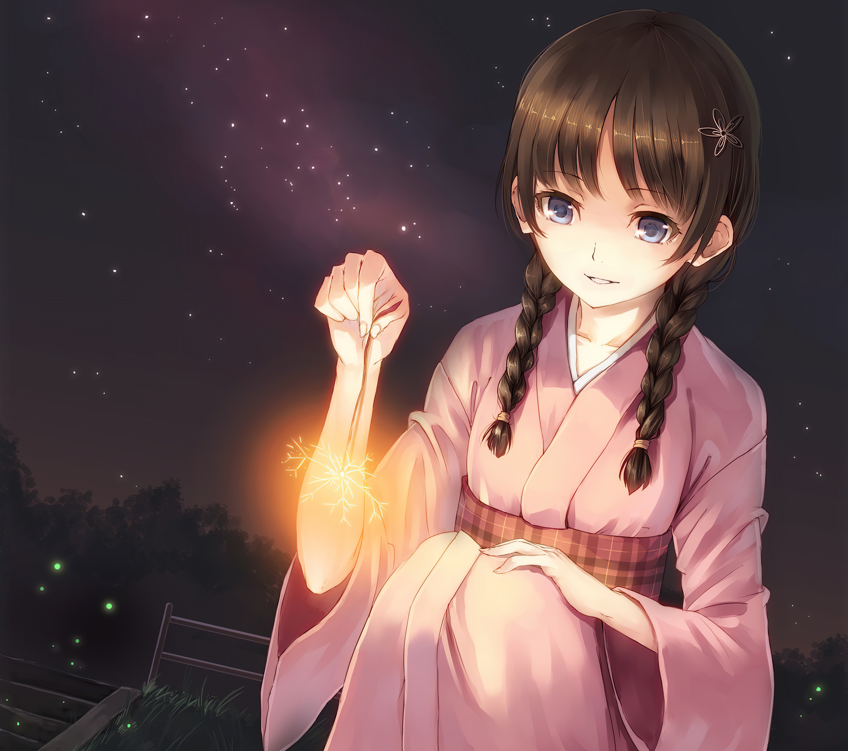 Laden Sie das Sterne, Kimono, Feuerwerk, Flechten, Blaue Augen, Original, Animes, Lange Haare, Braune Haare-Bild kostenlos auf Ihren PC-Desktop herunter