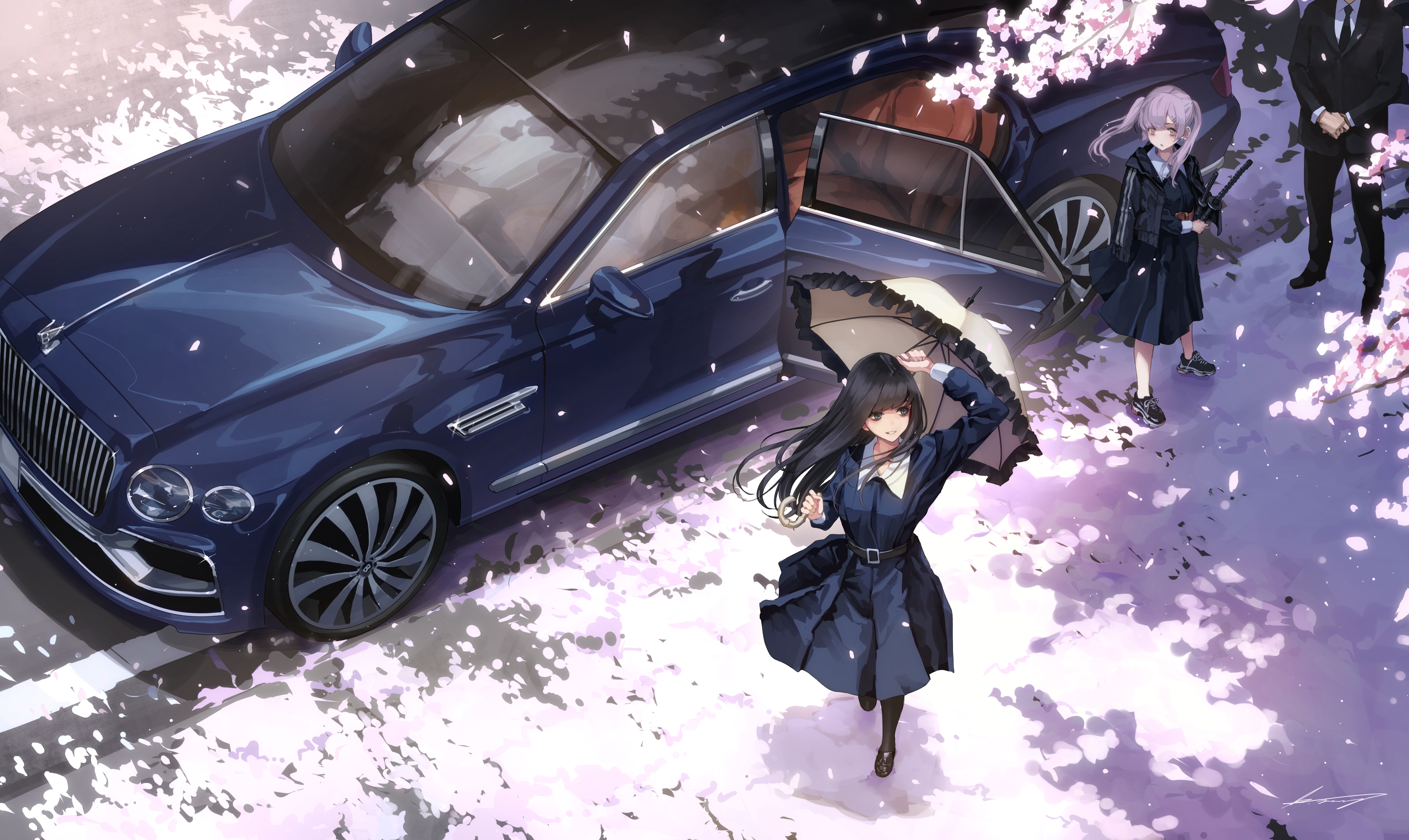 Free download wallpaper Anime, Sakura, Flower, Car, Girl, Black Hair, Long Hair, Parasol on your PC desktop