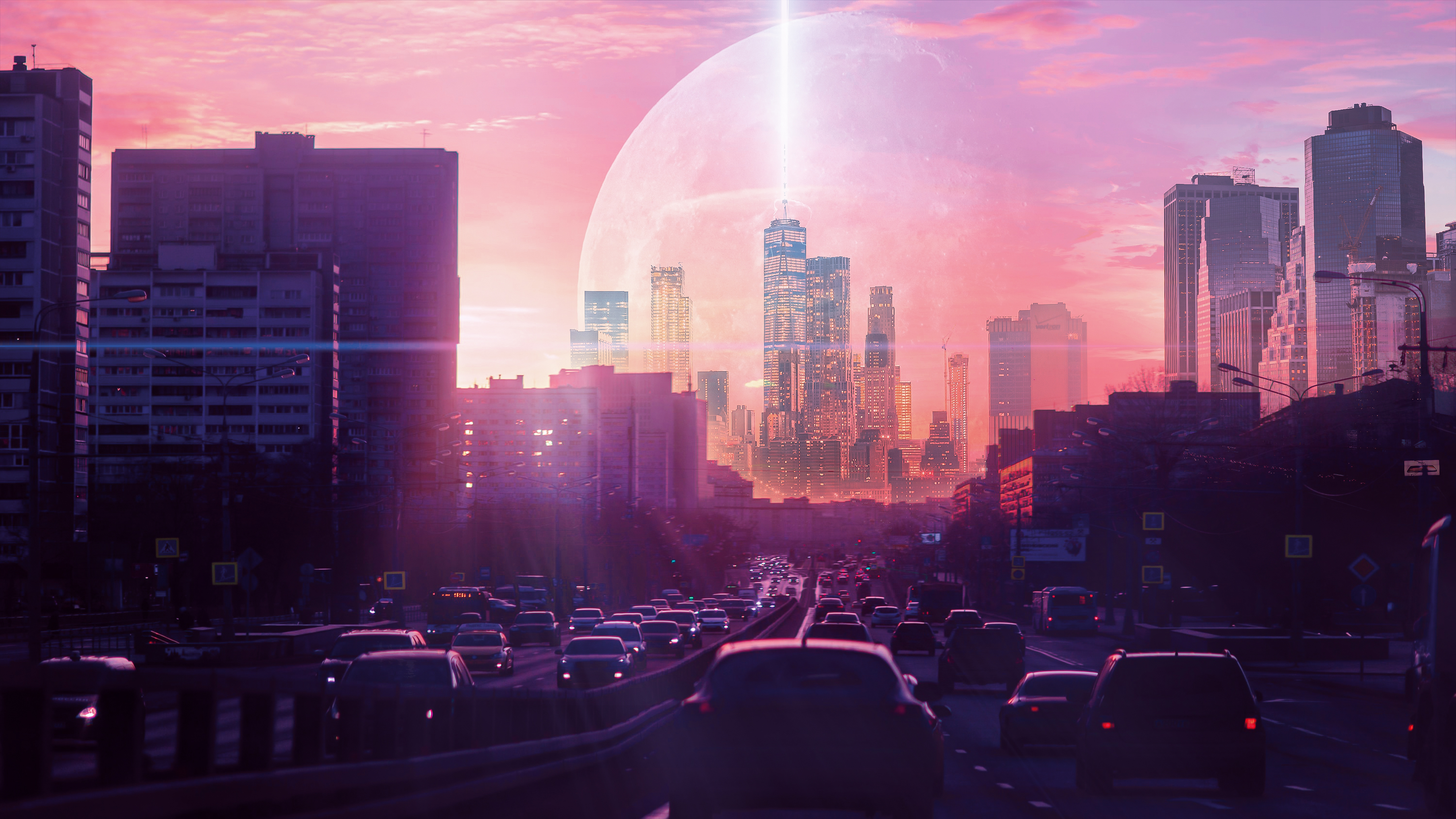 Free download wallpaper Sunset, City, Car, Cityscape, Sci Fi on your PC desktop