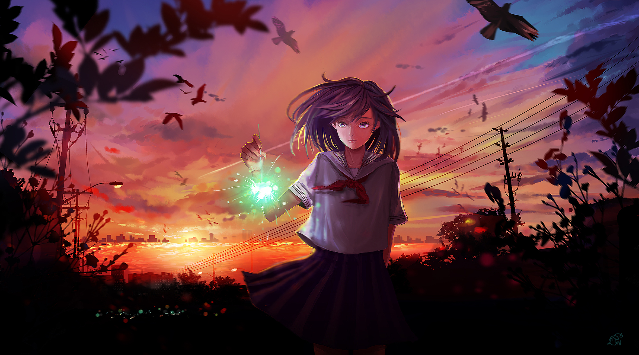 fireworks, sky, skirt, anime, girl, bird, purple hair, sunset, water