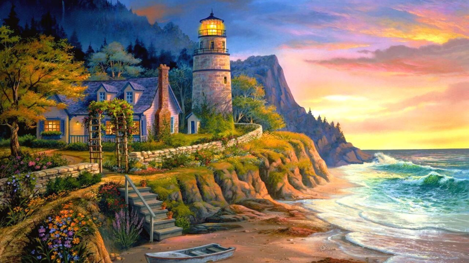 Free download wallpaper Sea, Ocean, House, Colors, Lighthouse, Painting, Man Made on your PC desktop
