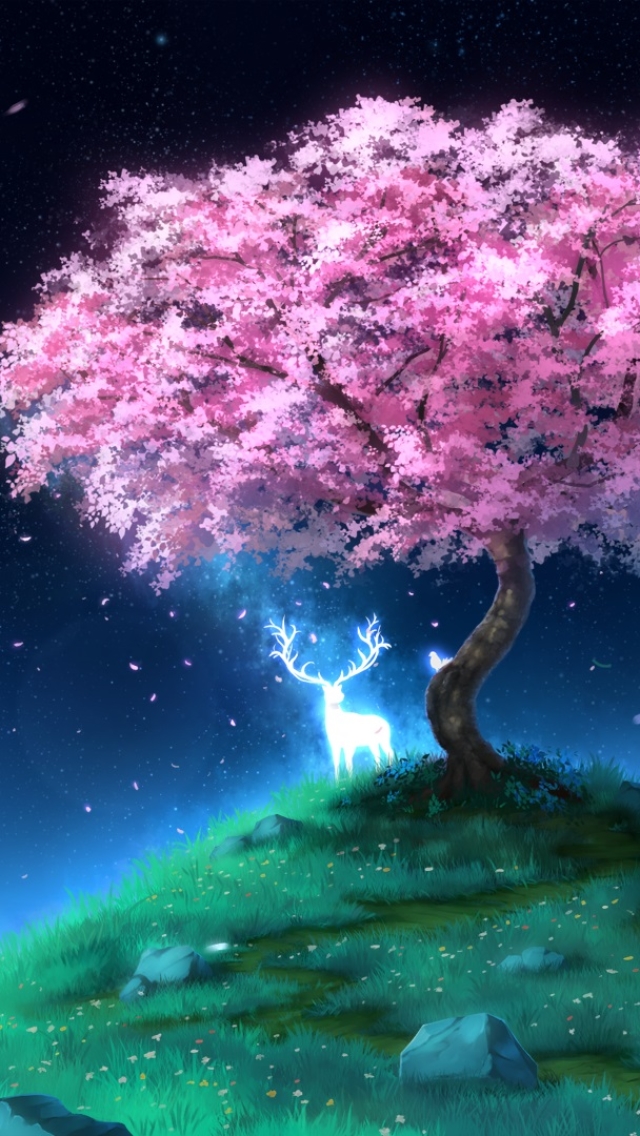 Download mobile wallpaper Anime, Tree, Deer for free.