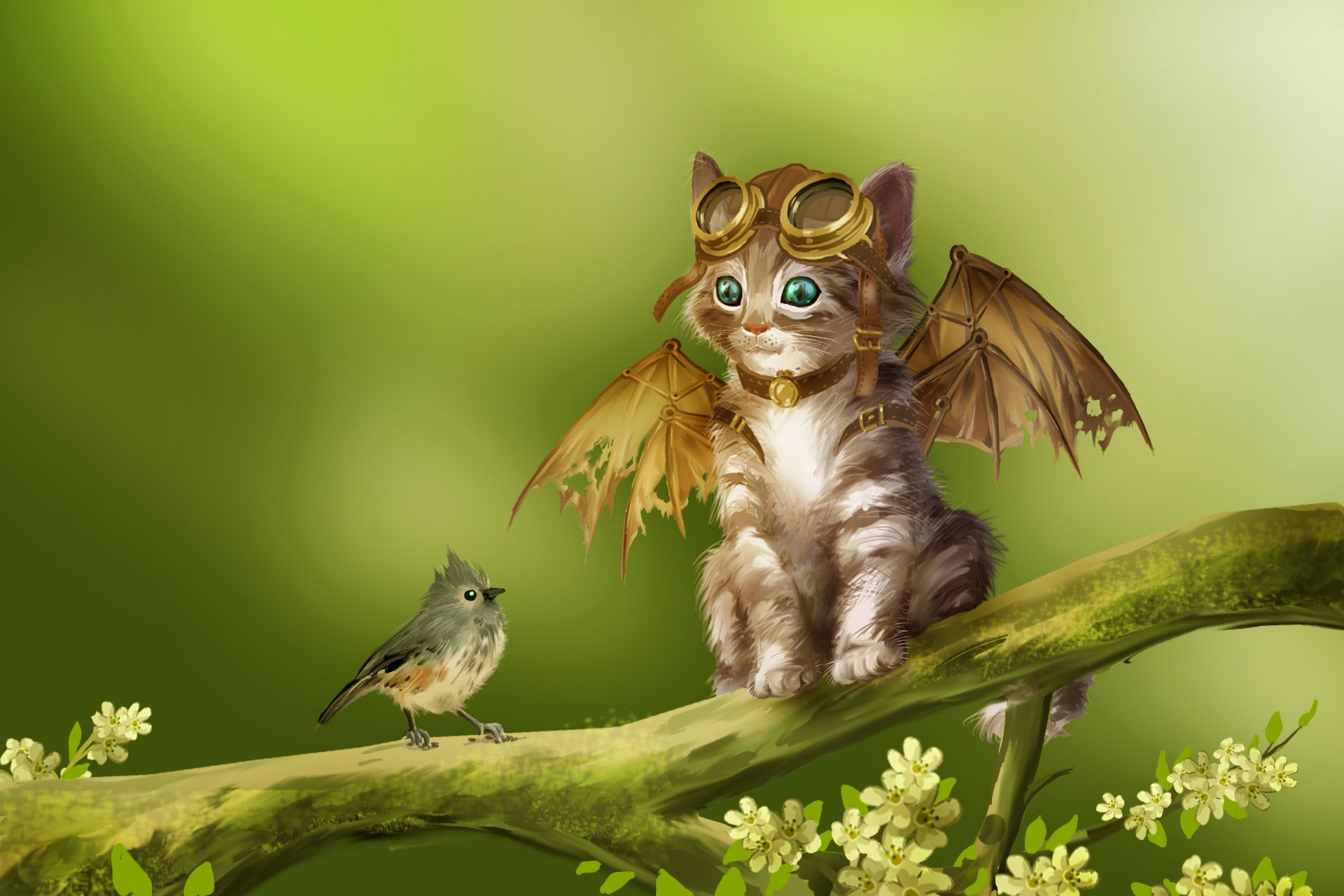 Download mobile wallpaper Fantasy, Bird, Cat, Wings, Cute, Goggles, Fantasy Animals for free.