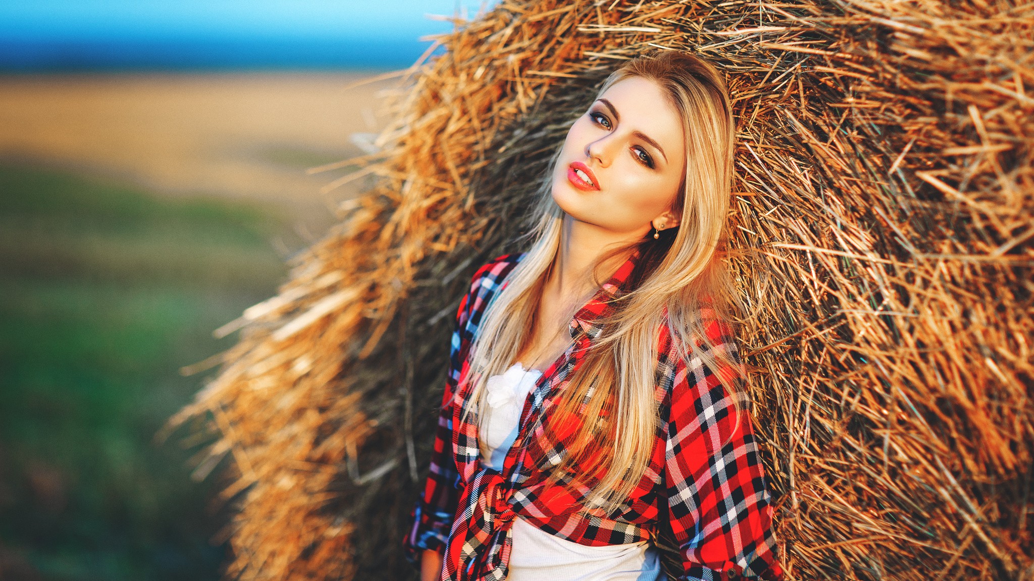 women, model, blonde, haystack