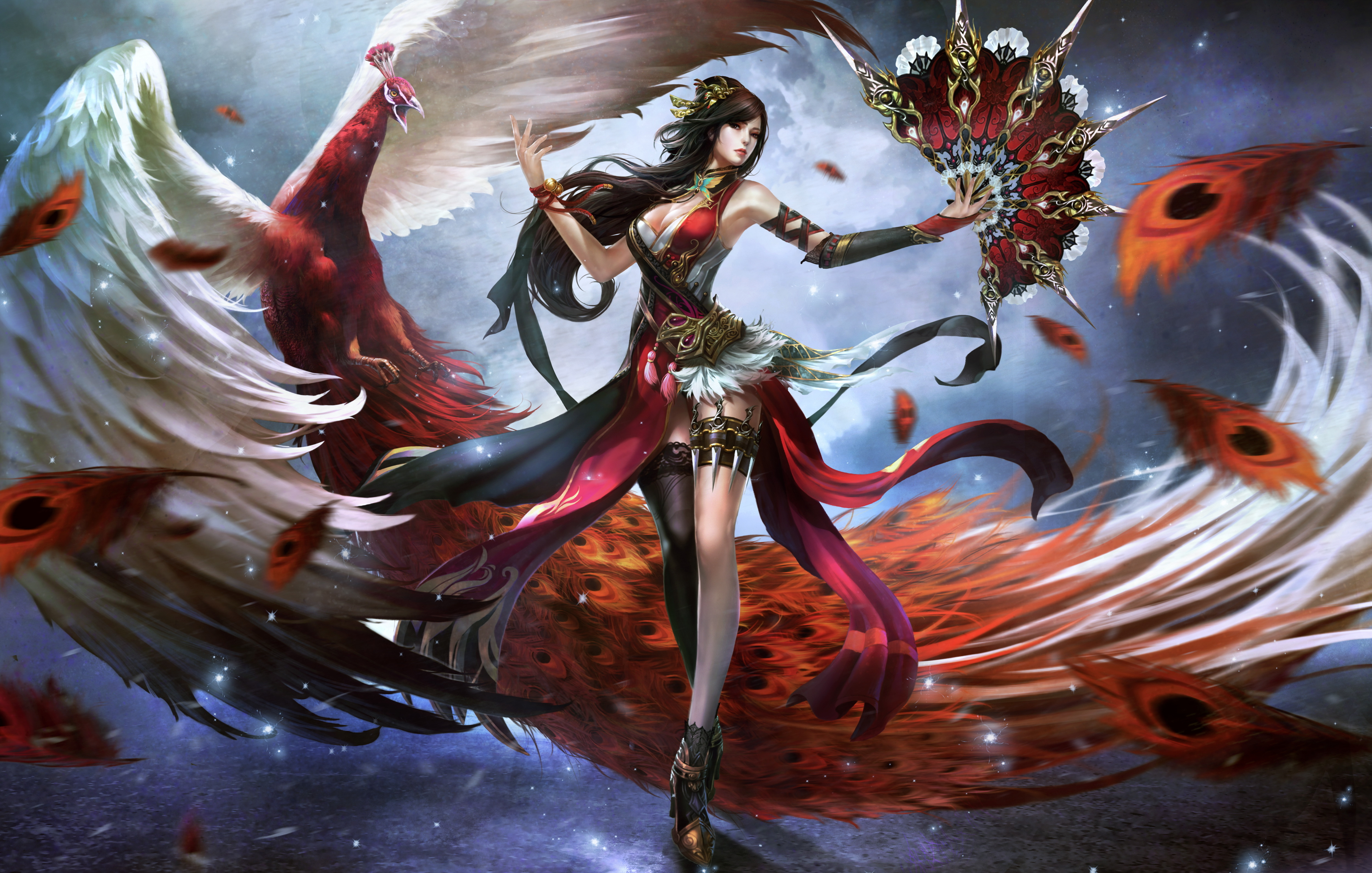 woman warrior, peacock, women warrior, fantasy, fan, feather, oriental