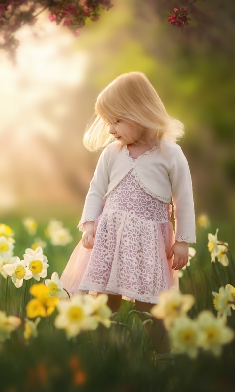Download mobile wallpaper Summer, Flower, Child, Blonde, Photography, Little Girl, Daffodil, Depth Of Field for free.