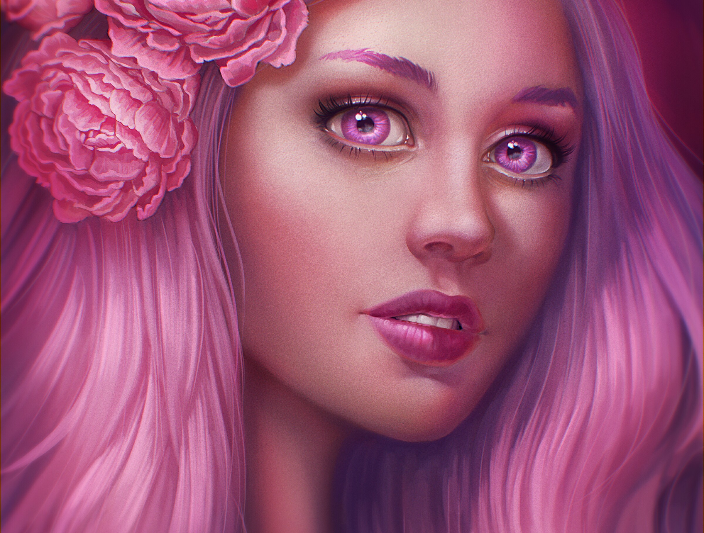 無料モバイル壁紙ファンタジー, ピンク, 花, 女性, ピンクの髪, ピンクの目をダウンロードします。
