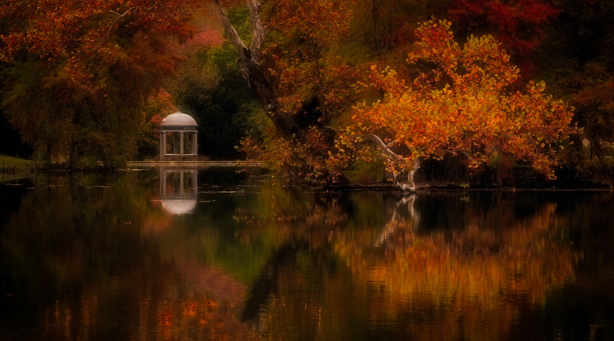 Download mobile wallpaper Nature, Park, Tree, Fall, Pond, Gazebo, Man Made for free.