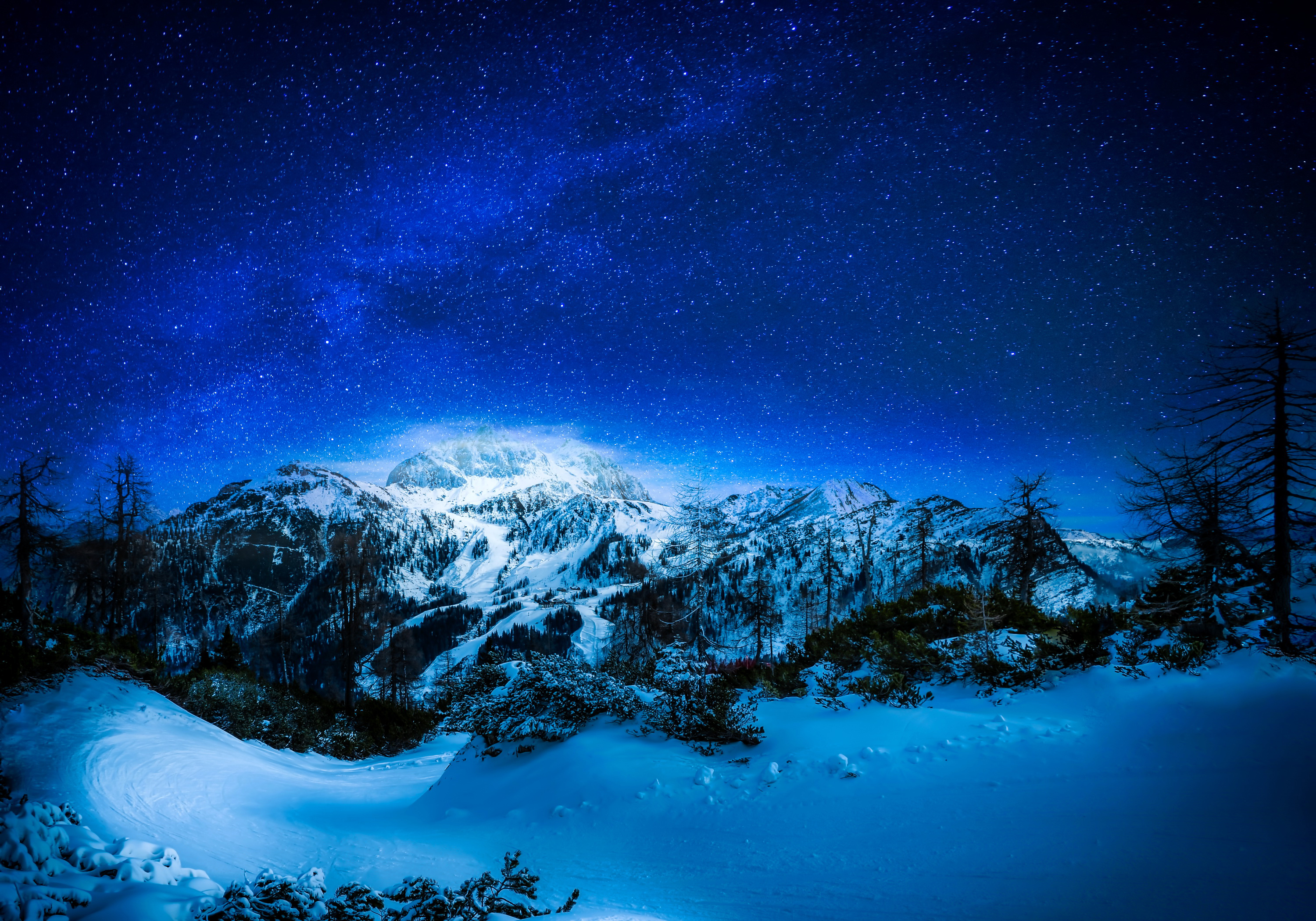 Download mobile wallpaper Landscape, Winter, Nature, Sky, Stars, Night, Snow, Mountain, Starry Sky, Earth for free.