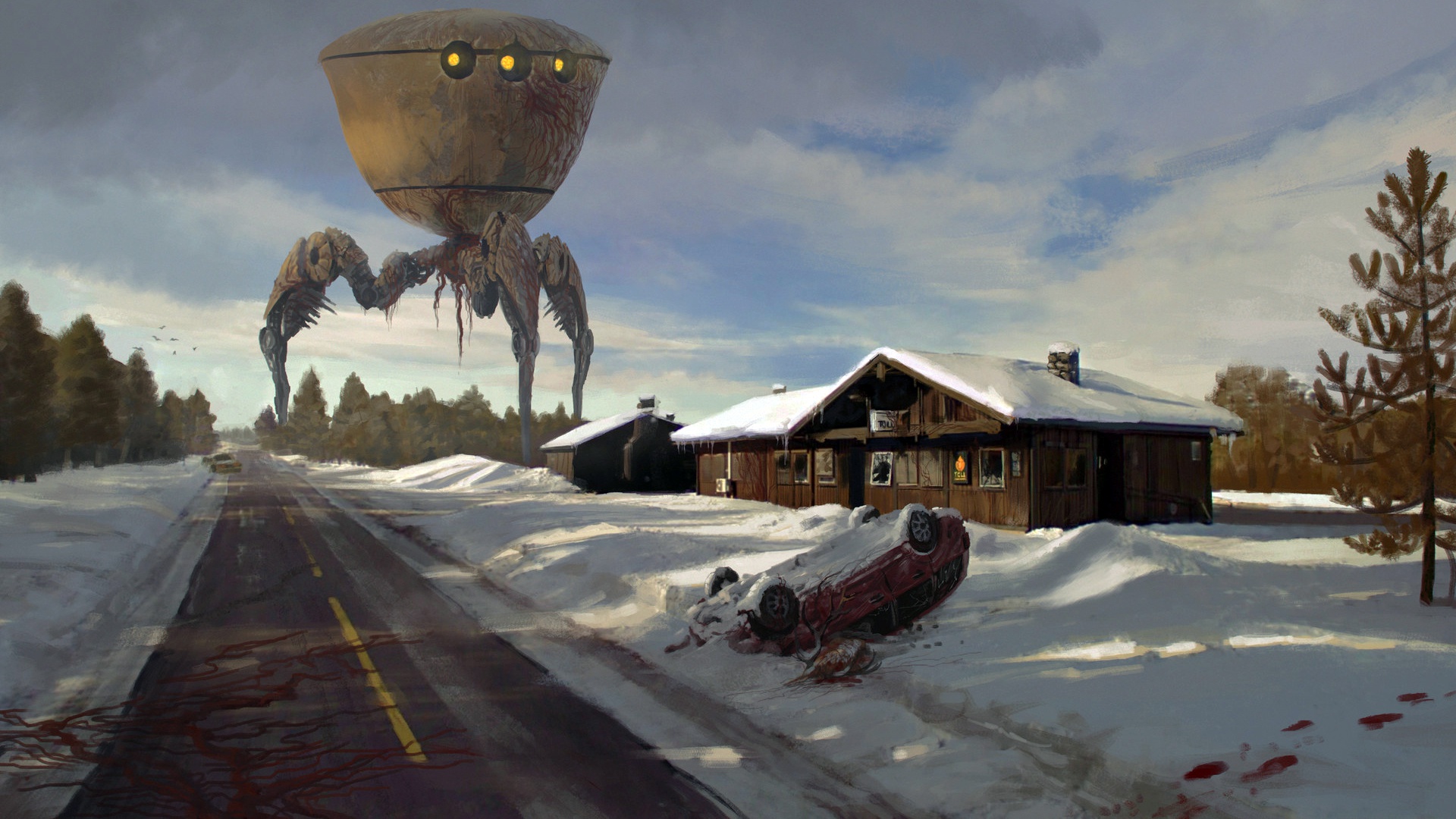 Laden Sie das Winter, Schnee, Blut, Science Fiction, Hütte, Außerirdischer-Bild kostenlos auf Ihren PC-Desktop herunter